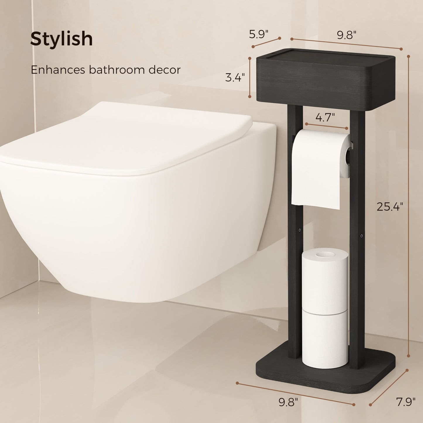 Wealone 4-in-1 Black Toilet Paper Holder Stand with Storage Shelf Box, 360° Rotating Bamboo Free Standing Toilet Tissue Roll, Toilet Wipes Dispenser Organizer, Temporary Desktop for Bathroom (Patent)