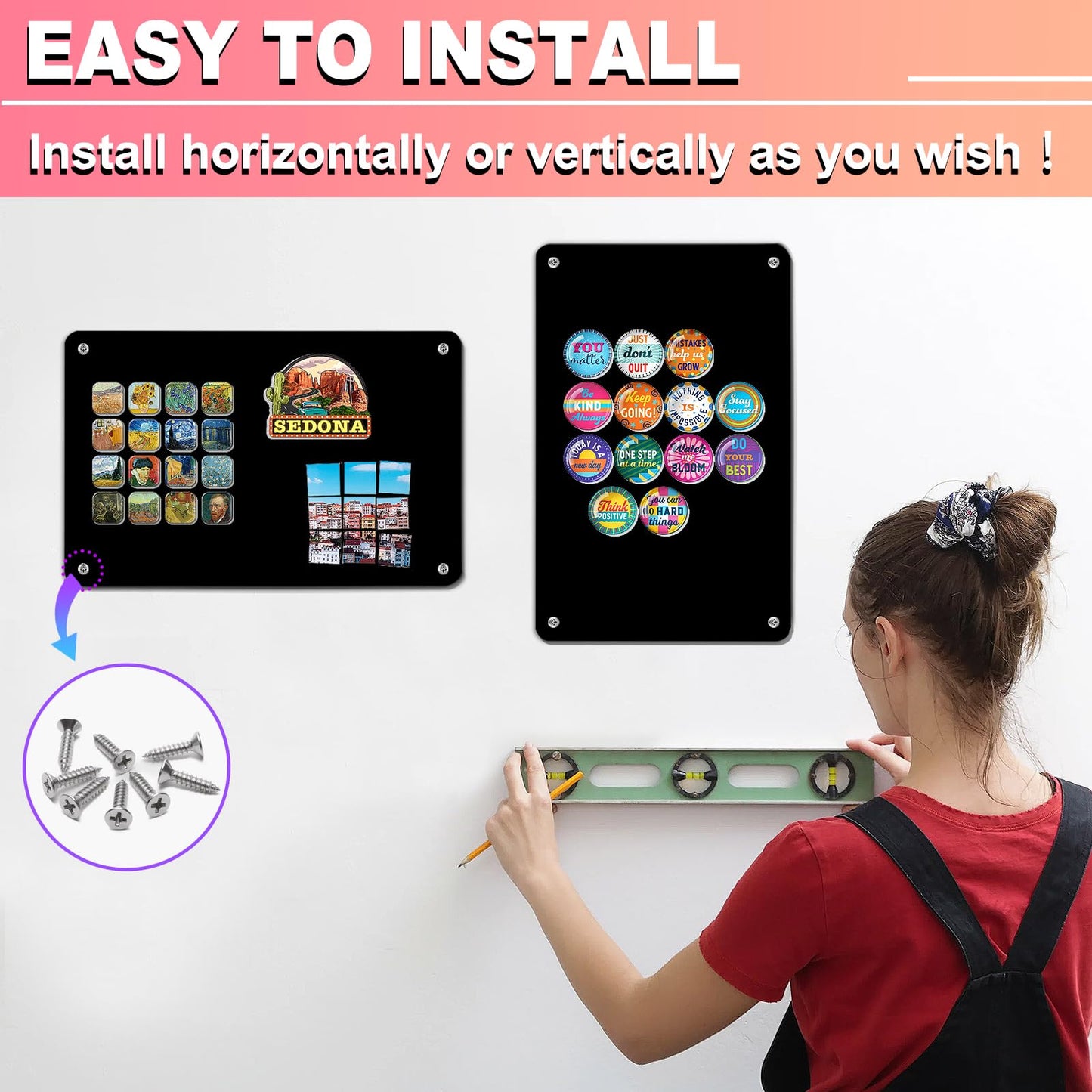 4 Pack Black Magnetic Board,17.5" x 11.4" Magnet Bulletin Board to Display Magnetic Notes, Poetry, Photos, Suitable for Wall, Refrigerator, Cabinet etc, Come with 16 Plastic Anchor Bolts and Screws