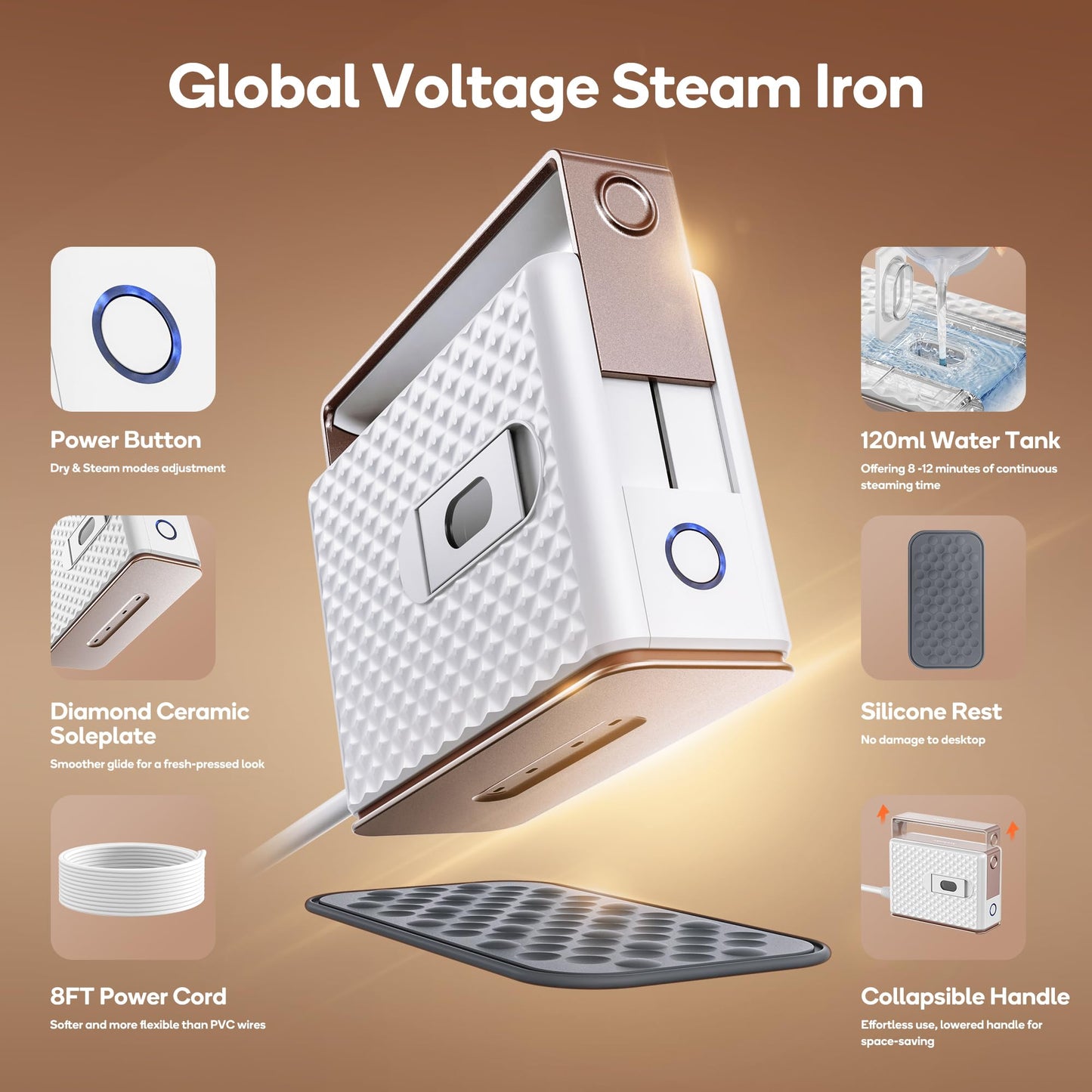 Newbealer Travel Steam Iron for Clothes, Global Voltage 100-240V Handheld Steamer, 293℉ Dry Ironing, Non-Stick Ceramic Soleplate, Horizontal & Vertical Steaming, Auto-off, Silicone Mat & Bag, 1.5 lbs