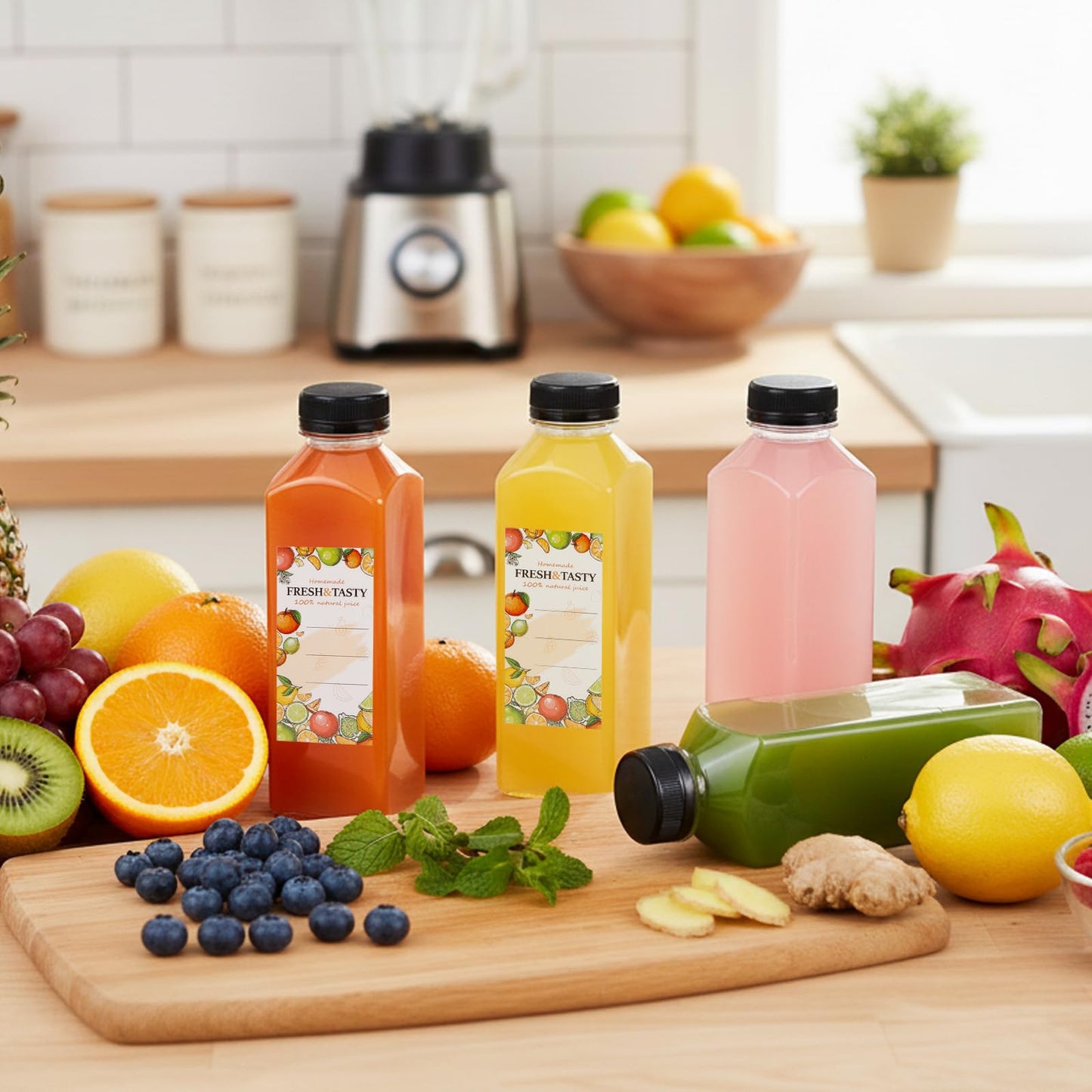 TOMNK 32pcs 16oz Plastic Juice Bottles with Lids, Juice Containers with Caps and Labels, Funnel, Brush, Beverage Containers for Juicing, Smoothies, Tea, Milk