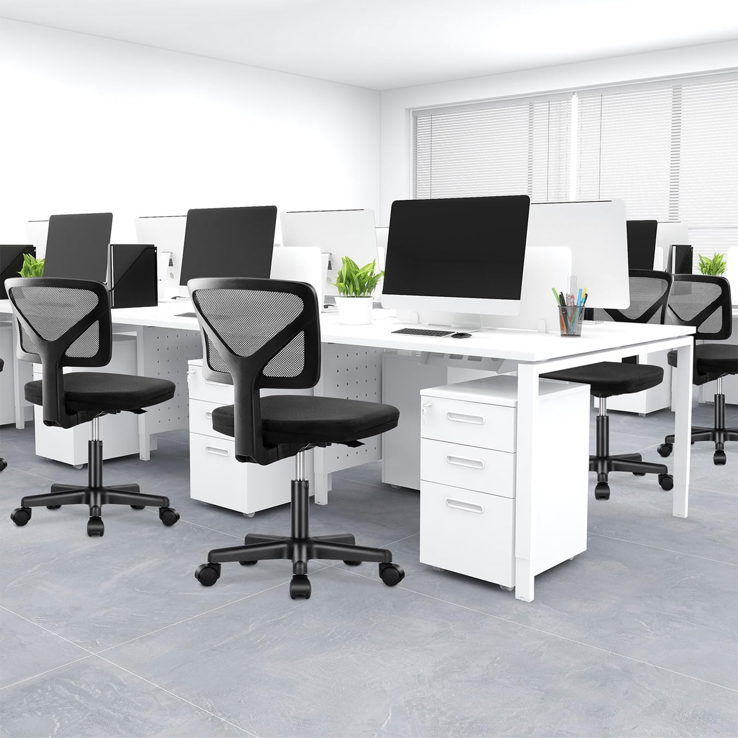 DUMOS Armless Office Chairs with Wheels, Ergonomic Adjustable Home Desk Swivel Rolling Task Chair No Arms, Comfy Mesh Mid Back Computer Work Vanity Desk Chairs for Small Spaces, New Black
