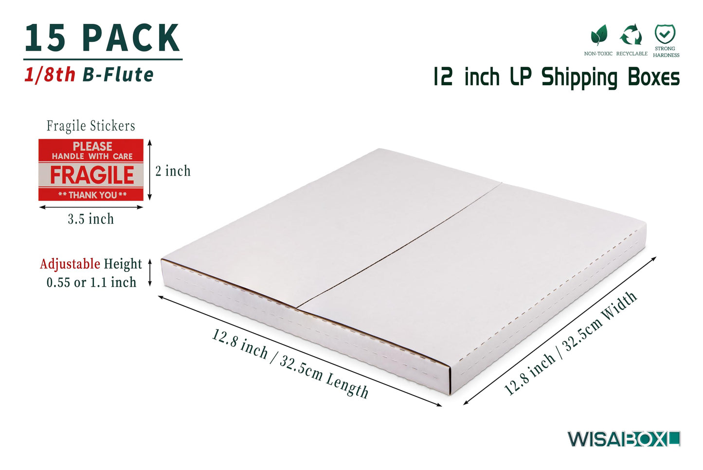 Wisaiboxl White Vinyl Record Mailers 12.8x12.8x1 inch LP Mailing Corrugated Cardboard Boxes, Easy Fold, Multi Depth Album Shipping Boxes with Fragile Stickers, 15 Pack