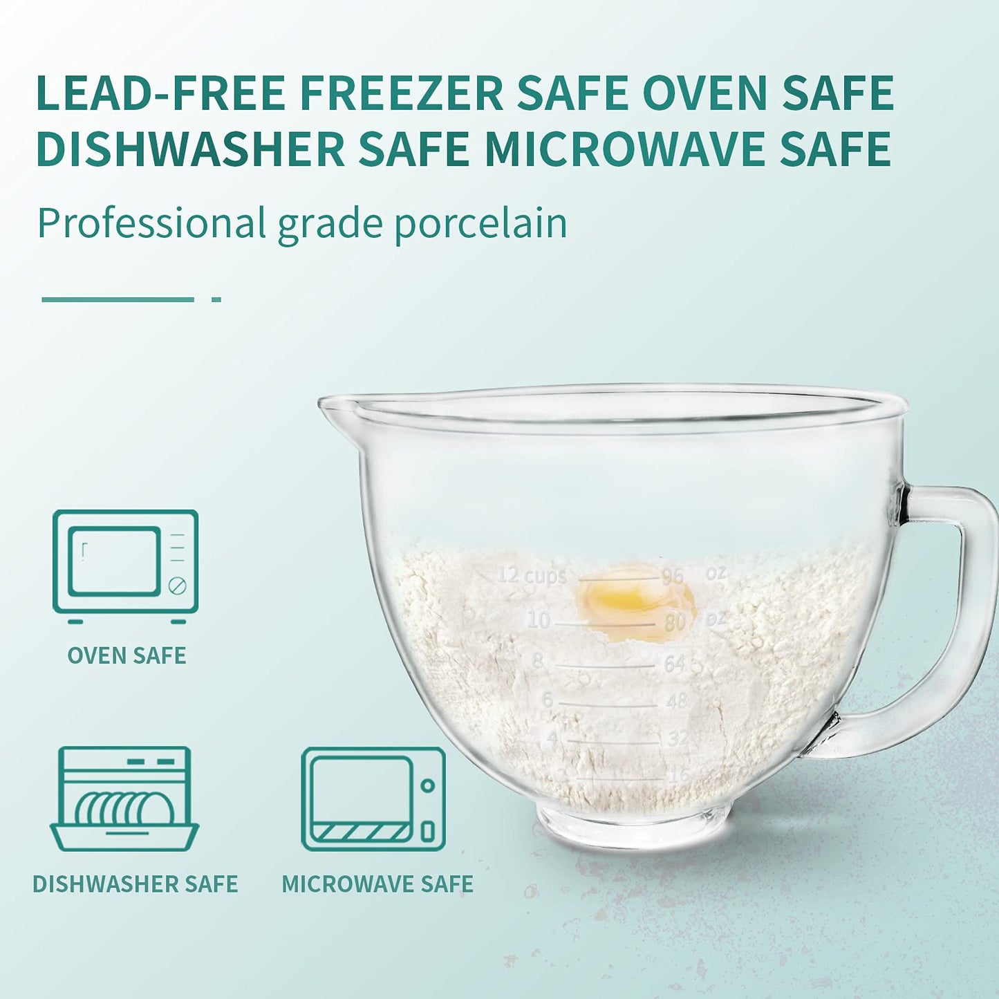 Glass Mixer Bowl For Kitchenaid Tilt-Head Stand Mixers 4.5-5 Quart, 5 qt Mixing Bowl Replacement For Kitchen aid With Measurement Markings,Handle