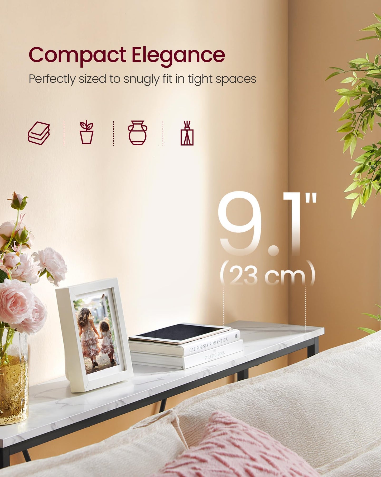 VASAGLE Console Sofa Table, Narrow Entryway Table, for Living Room, Bedroom, Easy Assembly, Marble White and Ink Black ULNT020W01