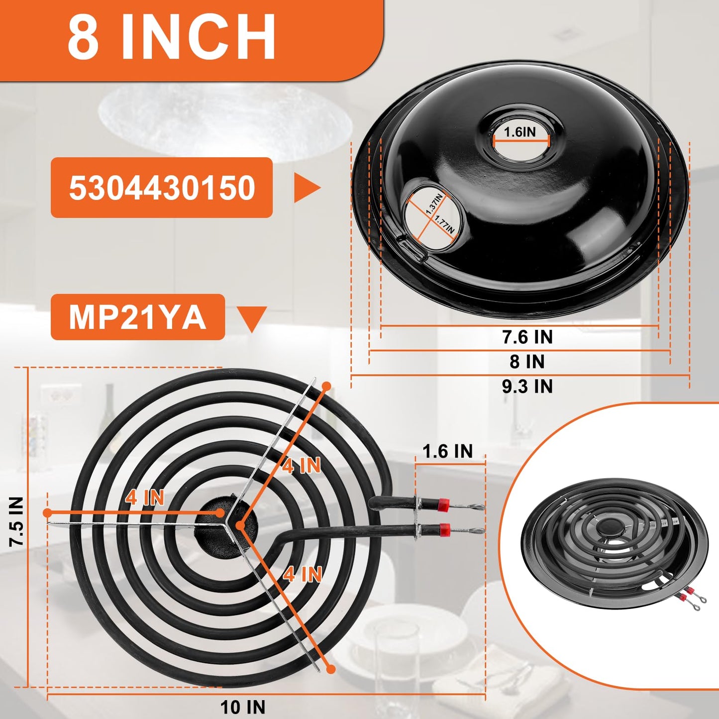 5304430149 5304430150 Porcelain Drip Pan Set & MP22YA Electric Range Burner Element Unit Set Replaces 318067041 318067051 by Cenipar-Compatible with Frigidaire Kenmore Crosley Range Oven/Stove