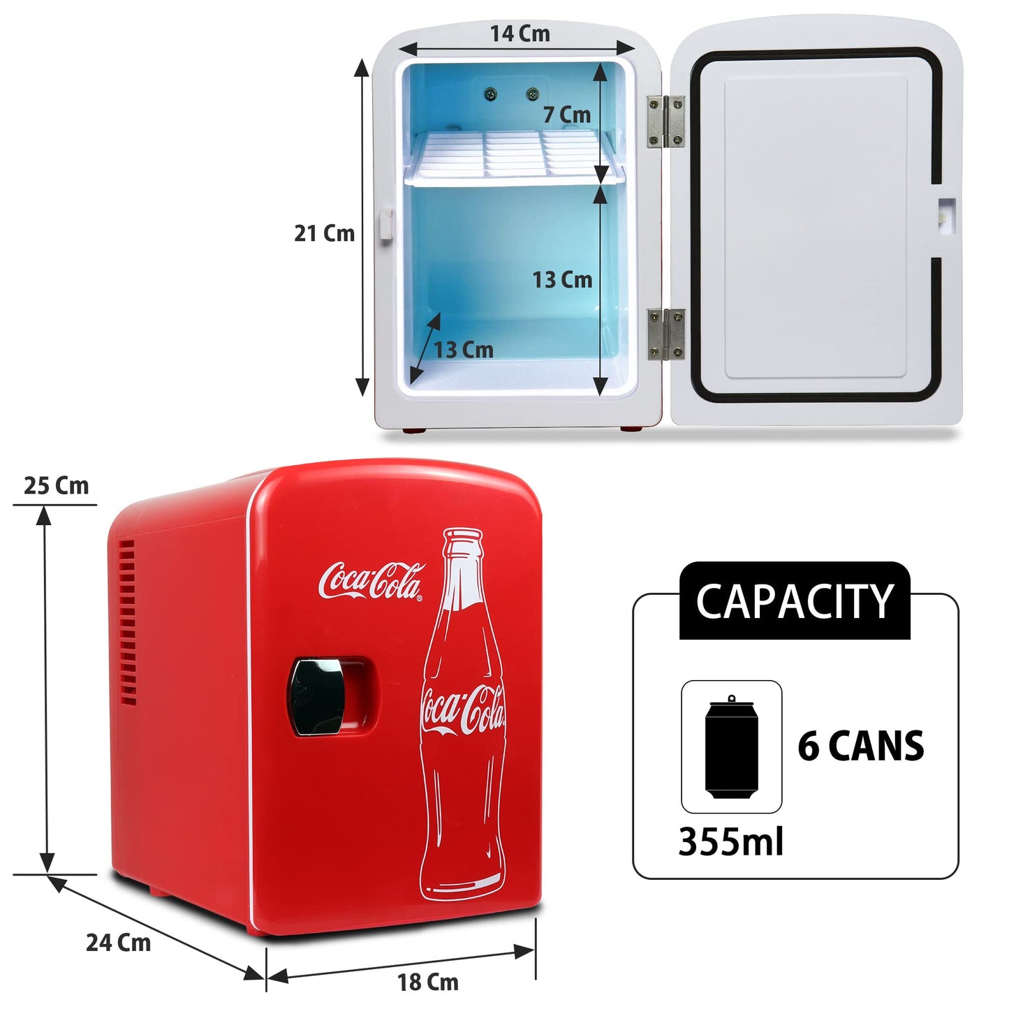 Coca Cola Mini Fridge for Bedroom Cosmatic Office 4L Small Refrigerator 6 Can Mini Dorm Fridge Portable Cooler 12V DC 110V AC Personal Travel Snacks Drinks Red
