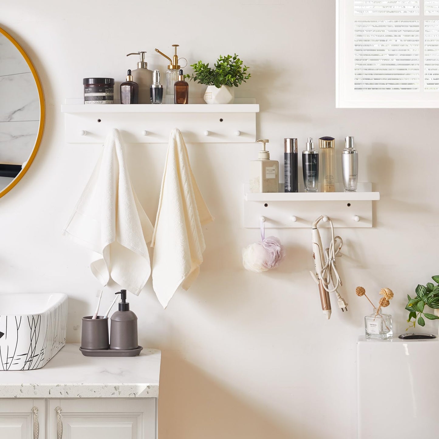 Aibiju Wood Coat Hook with Wall-Mounted Shelf, 23.62in Entryway Wall Hanging Shelf, for Bathroom, Kitchen, Coat Towel Key Organizer White YD-WS0260W