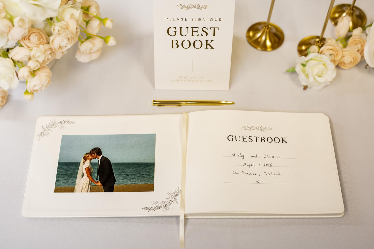 Modern Album Designs Floral Embossed Wedding Guest Book Set - 9 x 7.5 Hardcover Guestbook for Wedding Reception Sign in, Messages, Bridal Shower Engagement Party (White Cream)