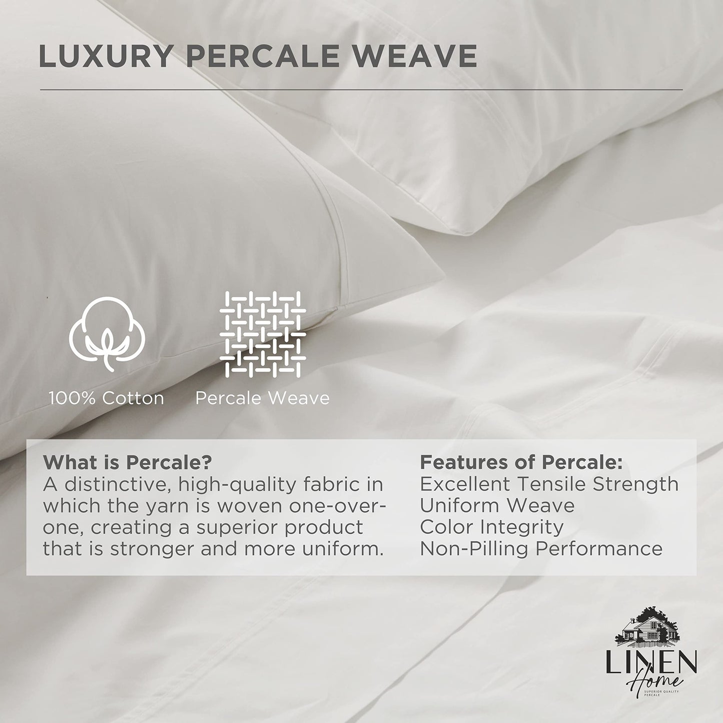 Linen Home 100% Cotton Percale Weave Fitted Sheet, Queen Size, White, 1 Deep Pocket Fitted Sheet, Fits Mattress Upto 16" Crisp and Cool Strong Bed Linen, 60"X80"+15"