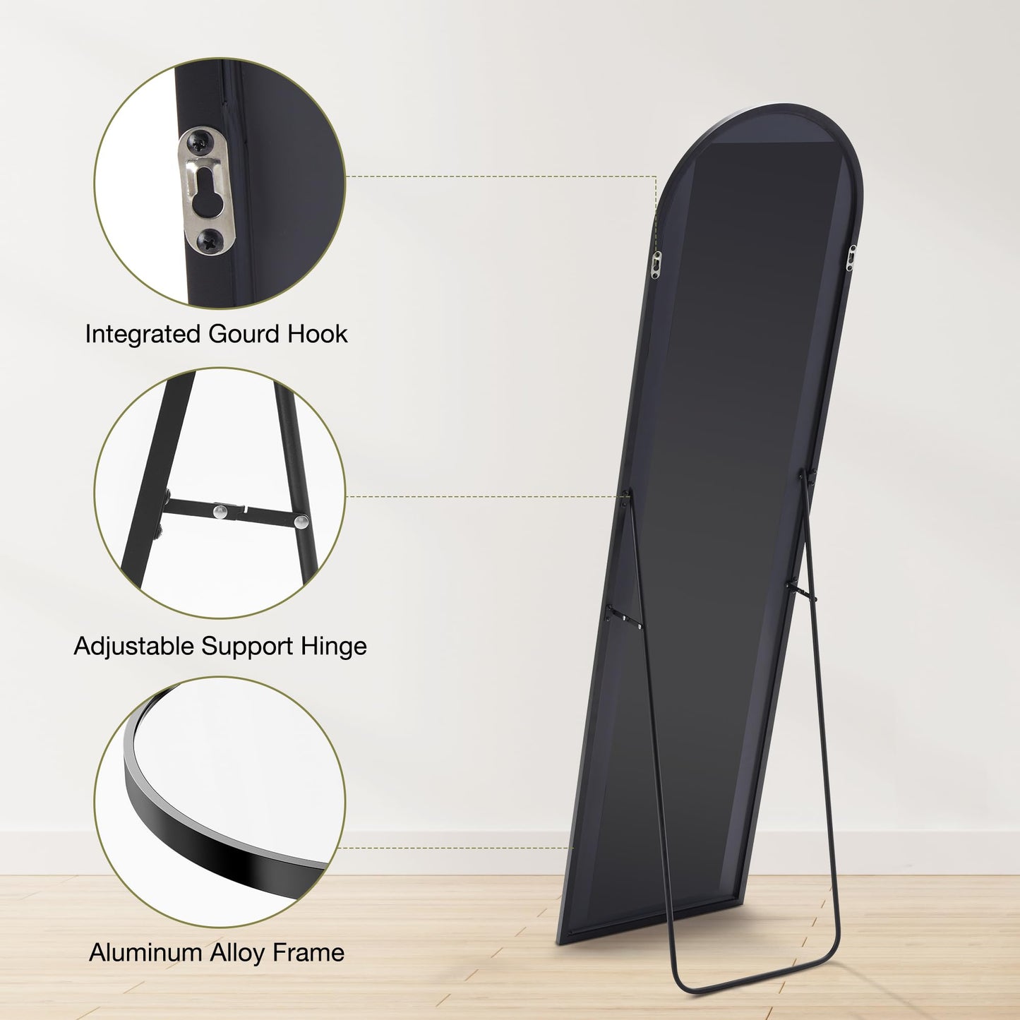 OLIXIS Black Arched Full Length Mirror 60"x16" for Bedroom, Full Body Mirror with Stand, Hanging or Leaning for Wall, Aluminum Alloy Thin Frame Floor Standing for Living Room