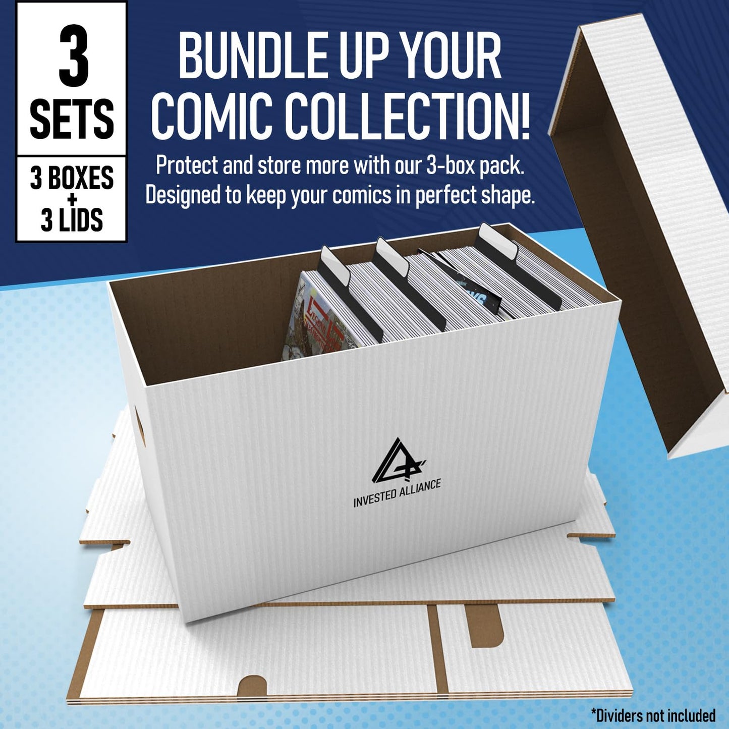 Invested Alliance Premium Short Comic Book Storage Box Organizer with Lid | Thick Cardboard Comic Storage Box For Collectibles Fits 150-175 Current/Silver Age, Heavy Duty & Stackable.