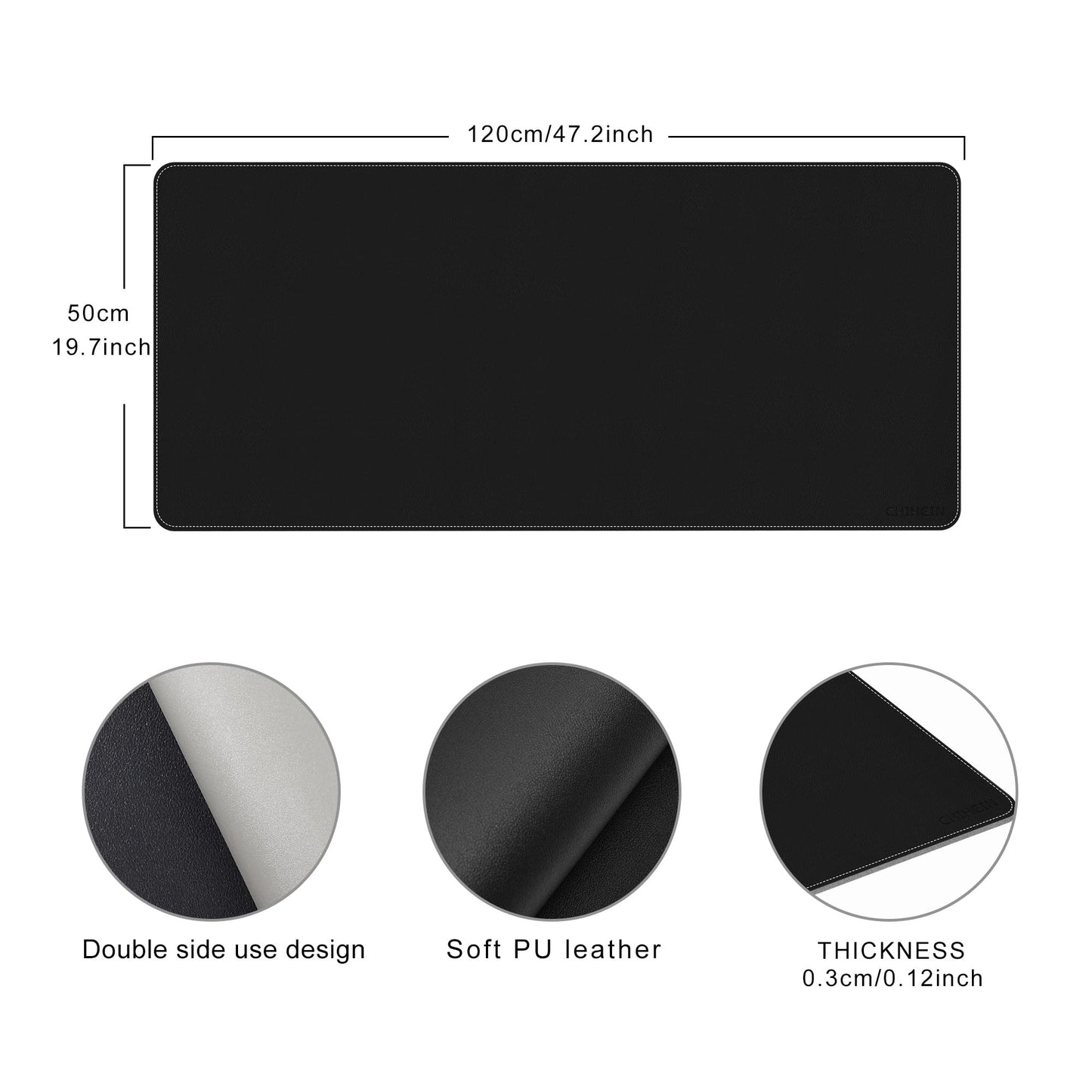 Chihein 47" x 20" 3XL PU Leather Desk Mat (Black/Gray), Dual Sided Desk Pad, Waterproof Computer Desk Bottle for Gaming, Office, Home
