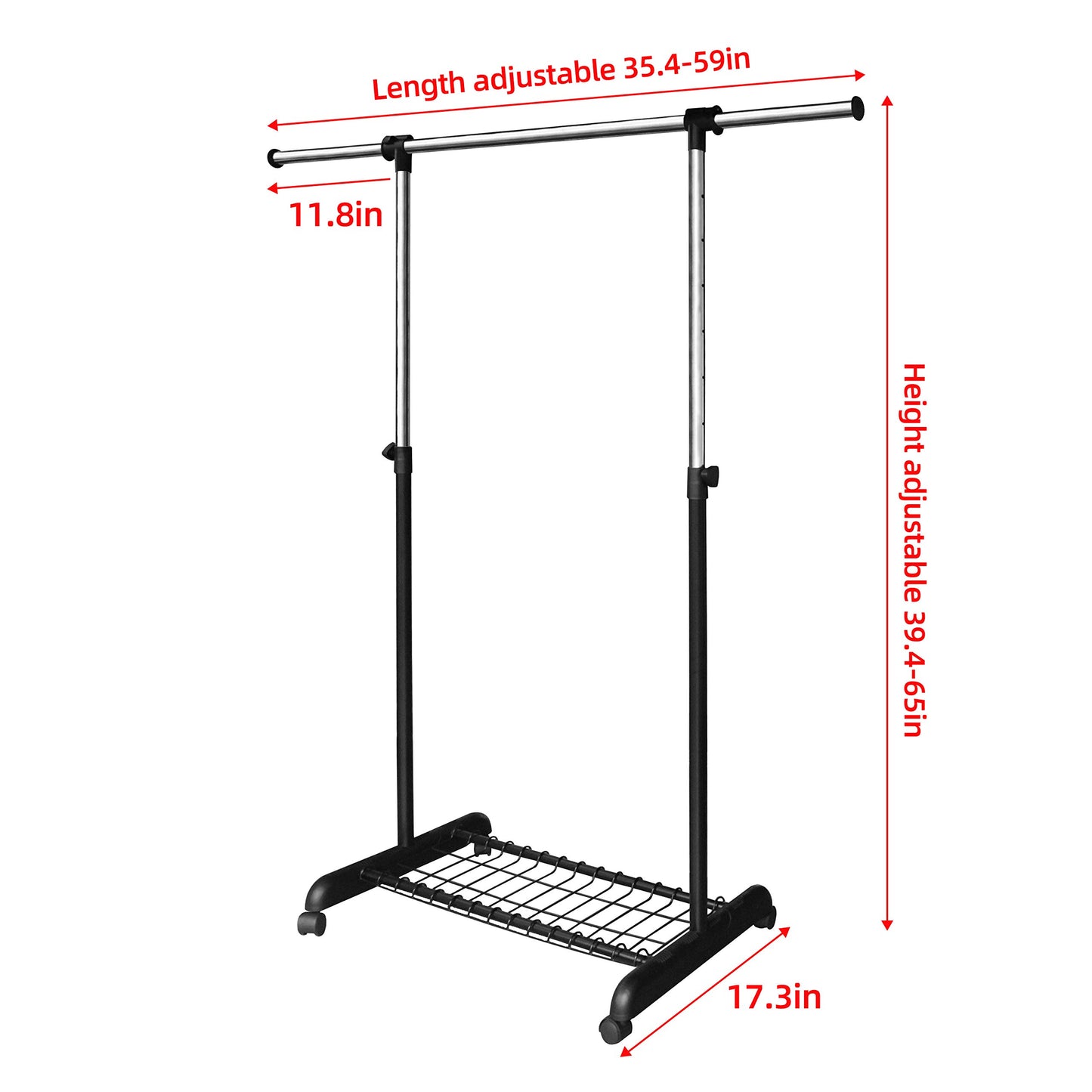 LiaMeE Adjustable Clothing Rack for Hanging Clothes, Heavy Duty Garment Rack with Wheels，Free Standing Rolling Clothes Rack with Shelf & Grid, Easy Assembly Standard Rod, Black & Chrome