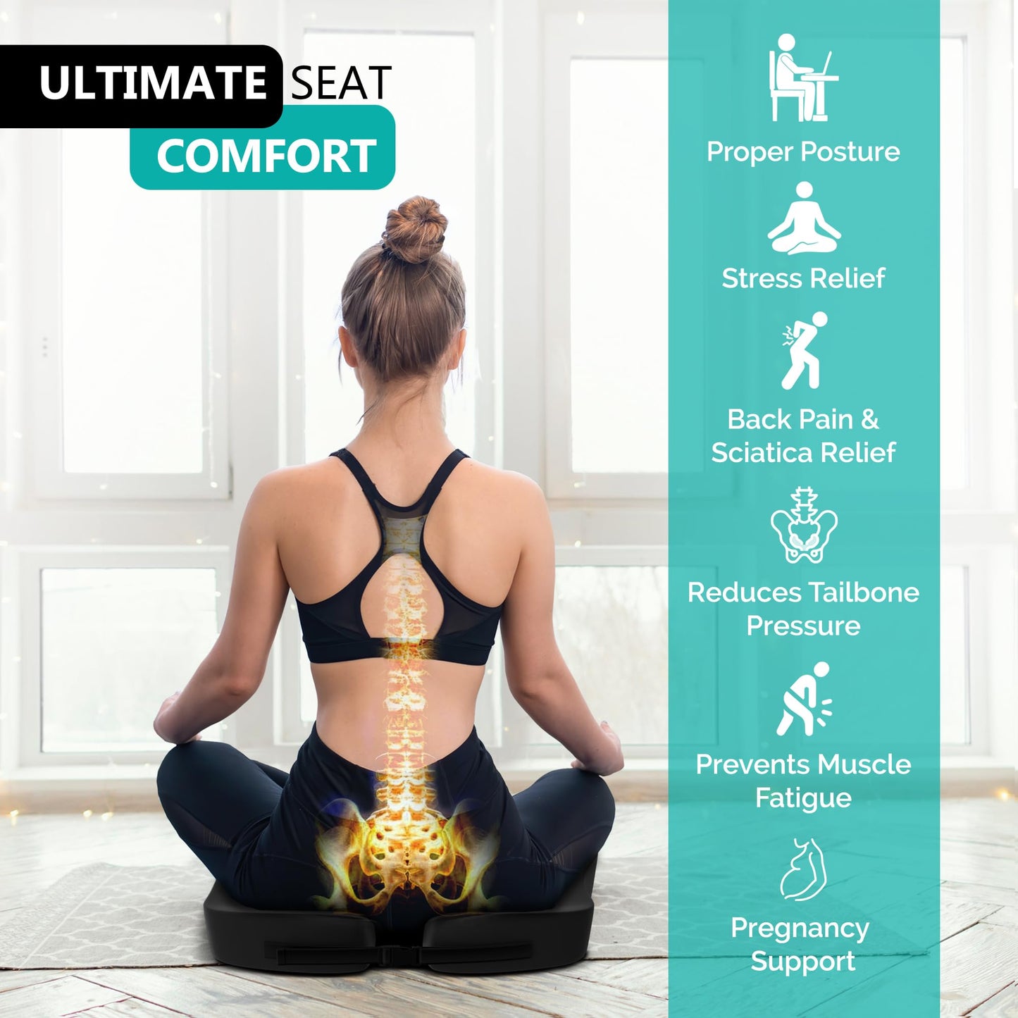Comfidur Seat Cushion - High-Density Charcoal Memory Foam Office Chair Cushion with Adjustable Strap & Washable Non-Slip Cover | Supports Sitting Posture for Office, Car & Home
