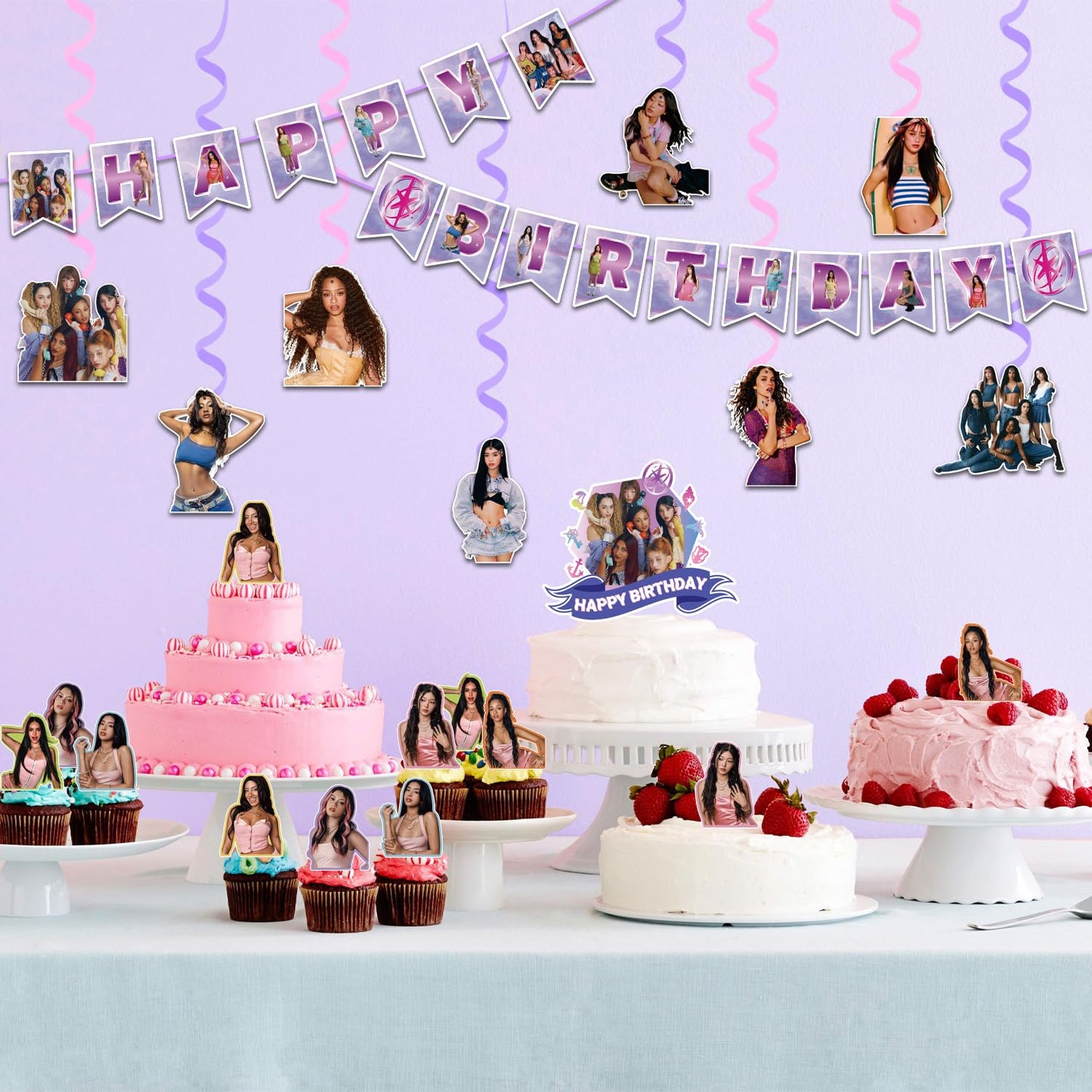 Birthday Party Decorations, Purple Pink Party Supplies Set with Happy Birthday Banner, Backdrop, Balloons, Hanging Swirls Cake Toppers and Cupcake Toppers for Fans Birthday Party