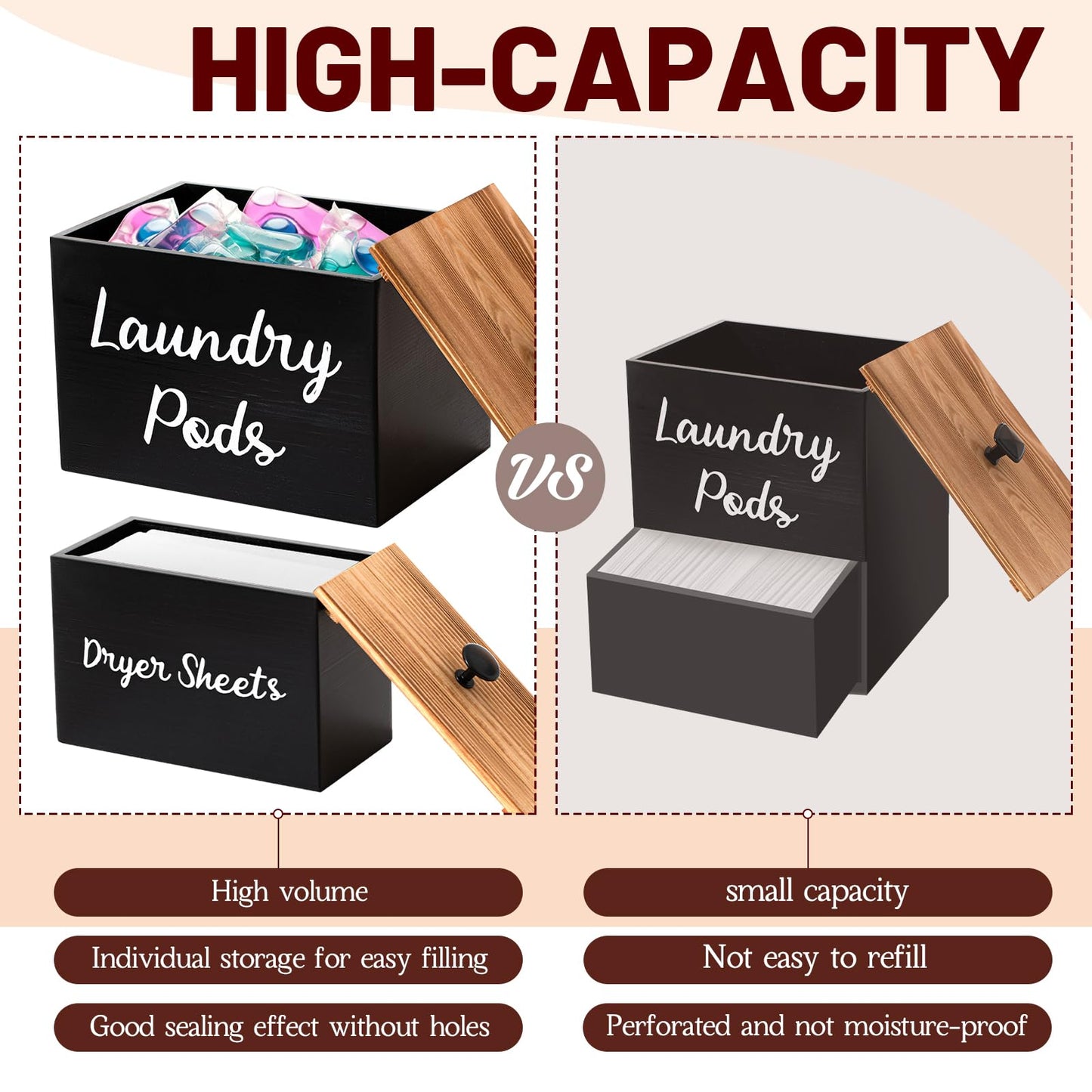 Dandat 3 Pcs Wood Laundry Pods Container Farmhouse Decoration Laundry Room Organization and Storage, Rustic Dryer Sheet Holder Scent Booster Container Set with Scoop(Black)