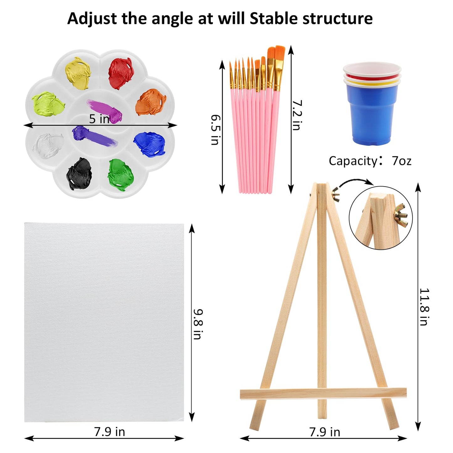 121 Pcs Art Painting Kit Supplies Set for Kids to Party - 60 Paint Brushes, 24 Acrylic Paints, 6 Wood Easels & Canvas Panels & Palettes & Aprons & Wash Pen Cup, 1 Plastic Tablecloth