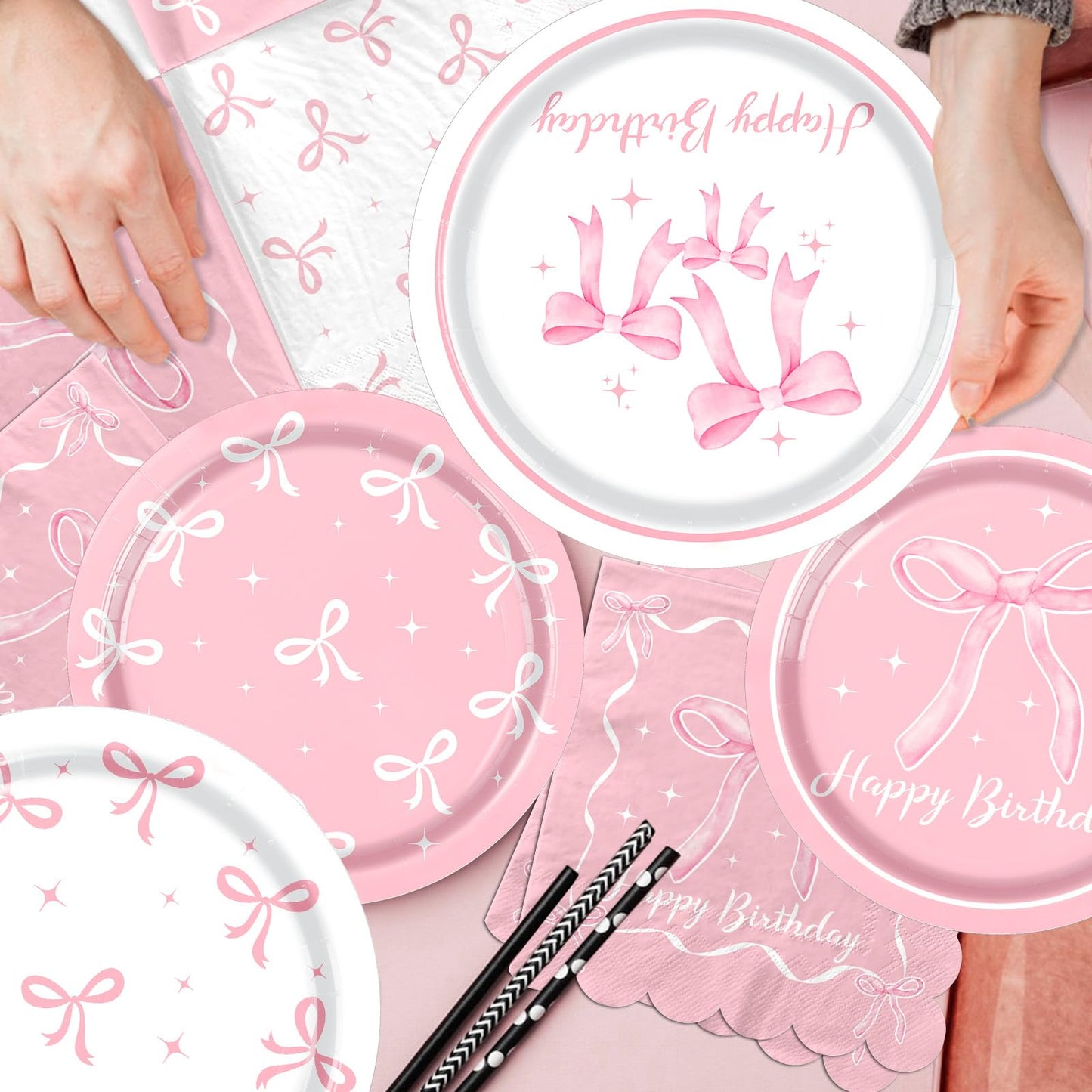 Pink Bow Birthday Party Supplies Serve 24, Coquette Birthday Decorations Include Bow Plates Napkins Cups Banner Tablecloth Cake Topper Balloons Bow Theme Tableware for Girls Bachelorette Decor