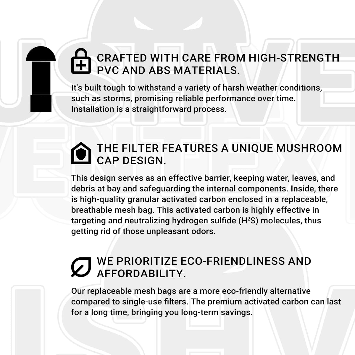 Rolkely Vent Stack Pipe Filter with Mushroom Cap | Eliminates Outdoor Odors | Fits Standard PVC/ABS Pipes | Durable ABS Construction | Long-Lasting Activated Carbon | Earth-Friendlier | Fits 3.0"