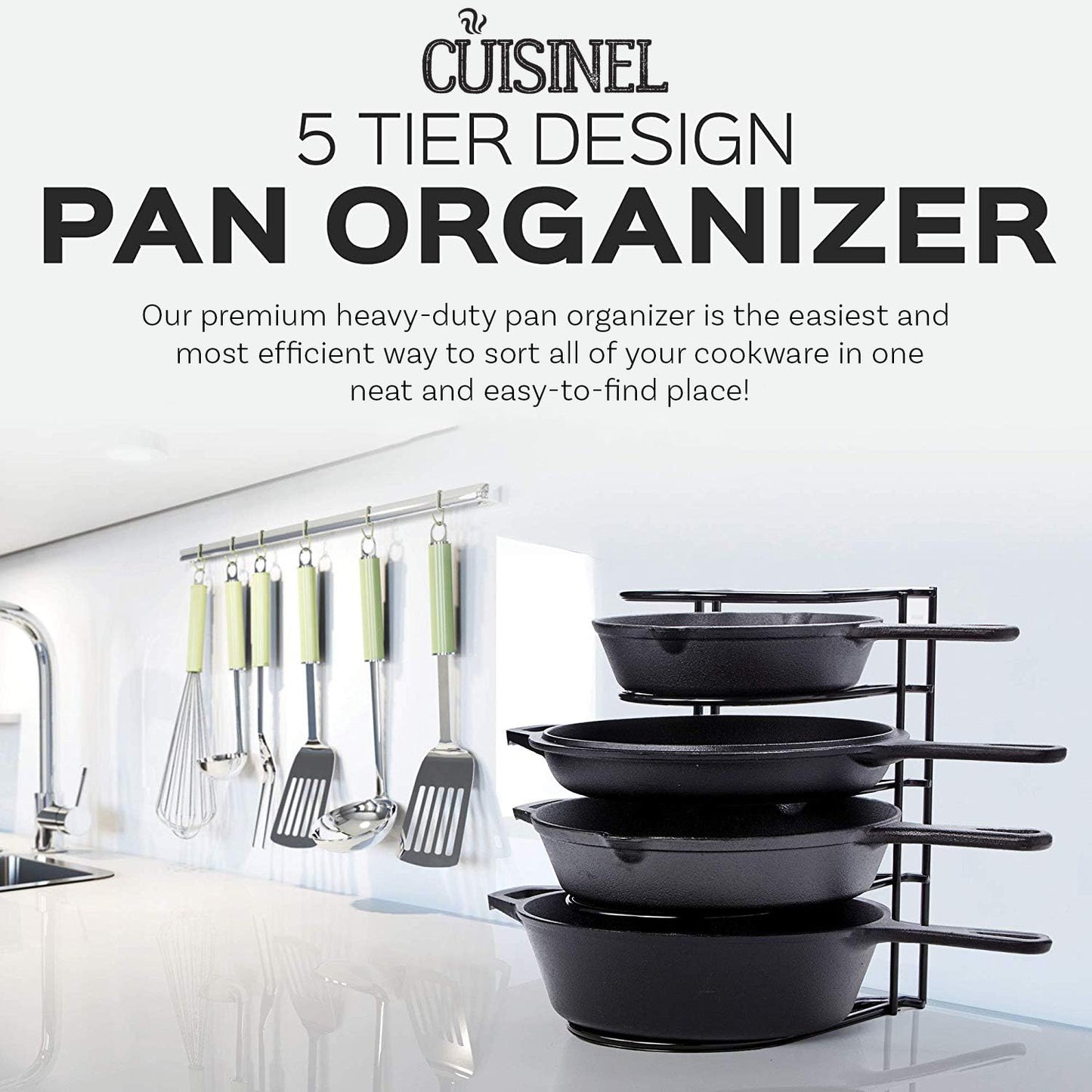 Cuisinel Heavy Duty Pots and Pans Organizer Rack - 12.2"-Inch Tall - 5 Tier Rack - Holds 60 LB - Cast Iron Skillets, Griddles, Shallow Cookware - Space Saving Kitchen Storage - No Assembly Required