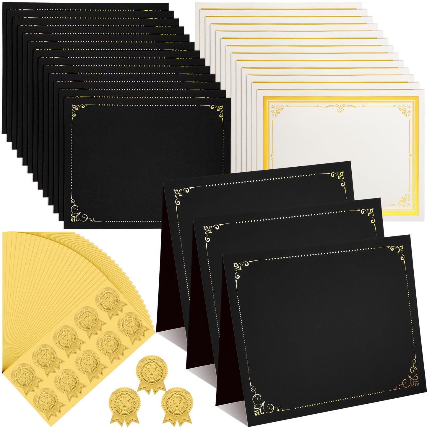 Noveread 180 Pcs Certificate Kit, 60pcs Black Certificate Holders & 60pcs Letter Size Papers & 60pcs Gold Foil Award Seals, Graduation, Employee Recognition, Schools & Ceremonies