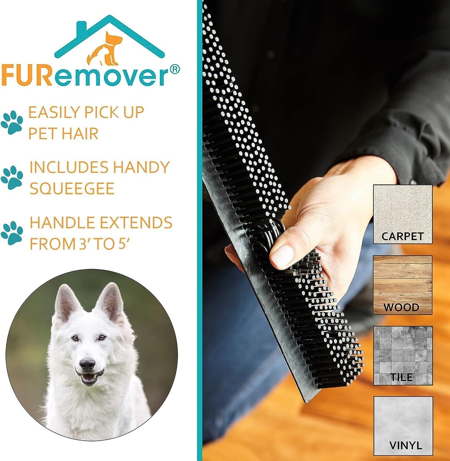 FURemover Pet Hair Removal Rubber Broom, 58" Telescopic Handle with Cloth