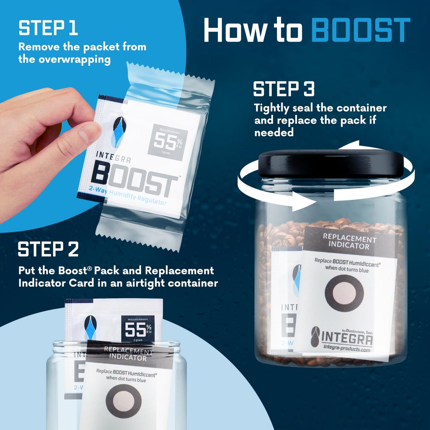 Integra Boost 2-Way Humidity Control Pack - Preserve Flavor & Control Humidity at 55% RH - Moisture Absorber for Herbs, Spices & More - 2 Gram (Pack of 50)