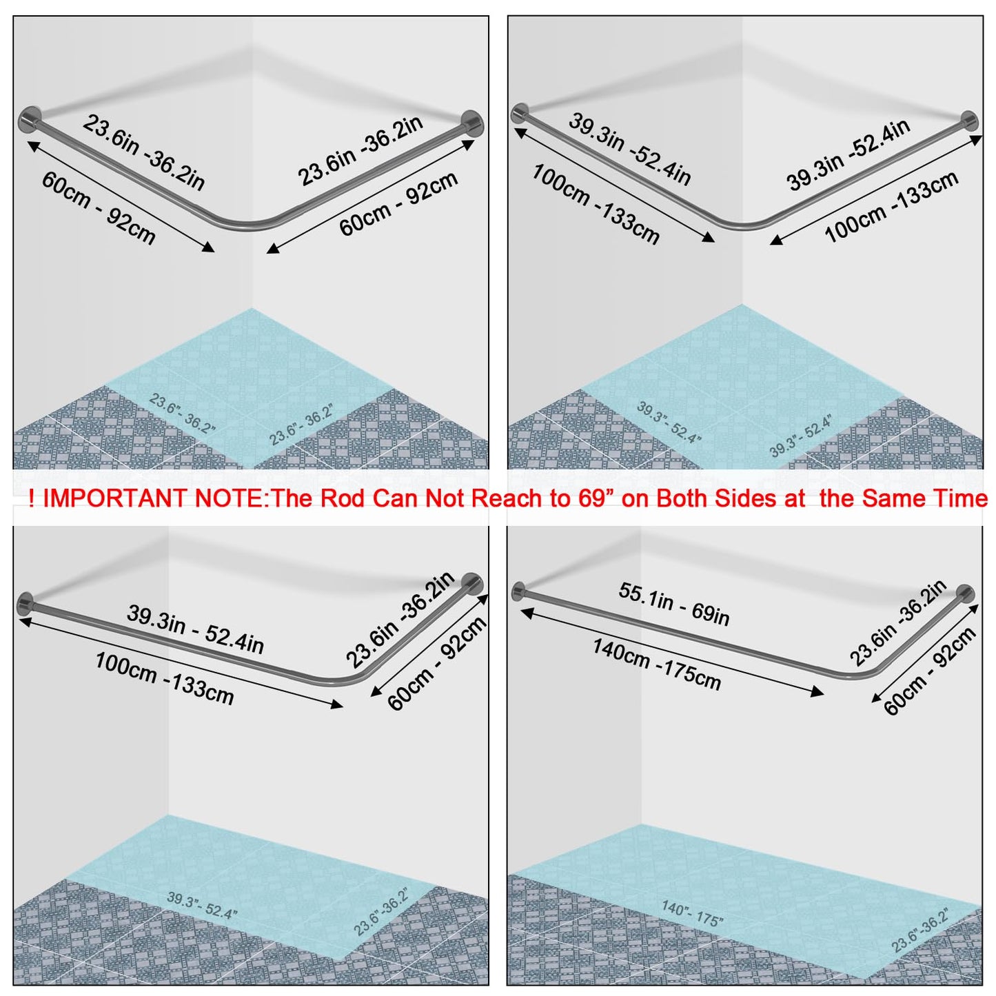 L Shaped Shower Curtain Rod, Adjustable (23.6"-52.4" x 23.6"-52.4"), Corner Shower Curtain Rod, Genuine 304 Stainless Steel, Unsagging, Drill-Free, 90° Corner Design, Includes 12 Shower Curtain Rings