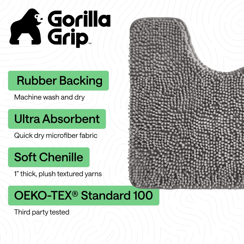 GORILLA GRIP Area Rug Sets 3 Piece, Bath Mat Set and Oval Toilet Base with Rubber Backing, Plush Absorbent Shaggy Chenille Washable Mats, Includes 24x19.5, 24x17 and 30x20 Inch Rugs, Grey