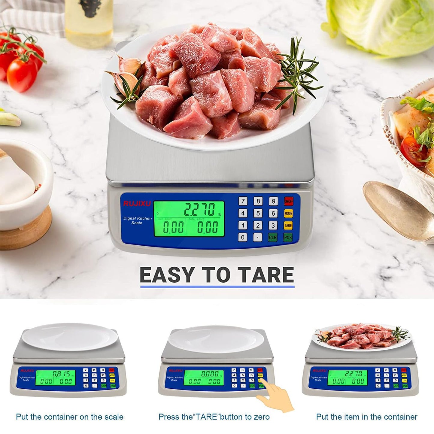 Large Digital Kitchen Scale 30KG Commercial Food Scale 66LB for Baking Bread Meat Stainless Steel Price Computing Scale LCD Display,Prep Counting Scale for Parts and Coins Adapter Included