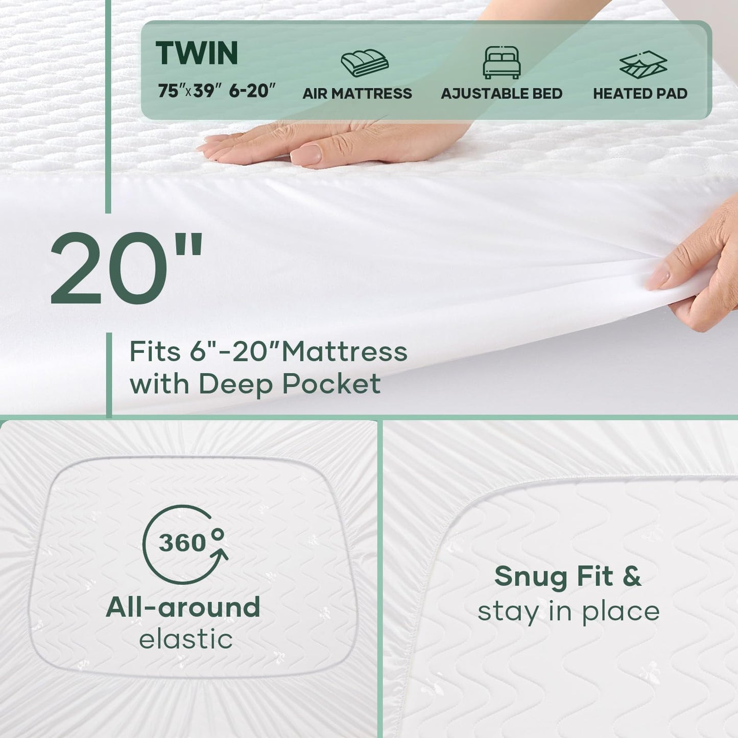 OhGeni 100% Waterproof Twin-2 Pack Mattress Protector, Fitted Sheet with Stretchable Pockets, Deep Sleep Noiseless Soft. Breathable Cooling Hypoallergenic Material, Bed Cover for Mattress