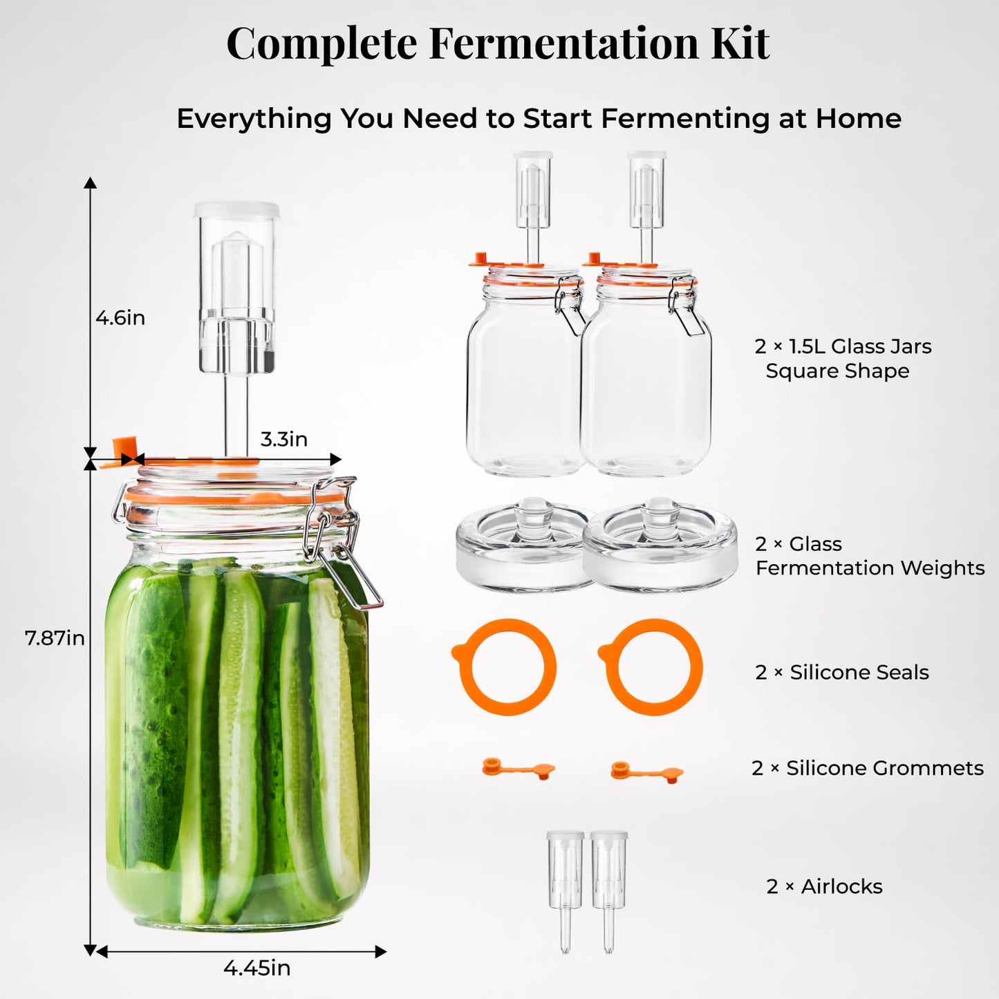 JILLMO Wide Mouth Glass Fermentation Jar with Airlock & Glass Weight, 1.5L Fermenting Jar for Sauerkraut, Kimchi, Pickles & More,Pack of 2