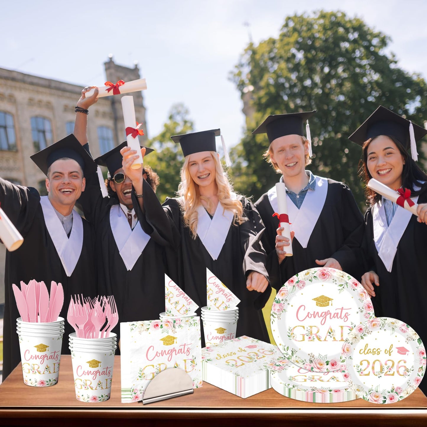 Class of 2026 Graduation Party Supplies,150Pcs Floral Congrats Grad Party Plates and Napkin Pink Gold Floral Graduation Theme Tableware for Class of 2026 Congrats Grad Party Serve 25