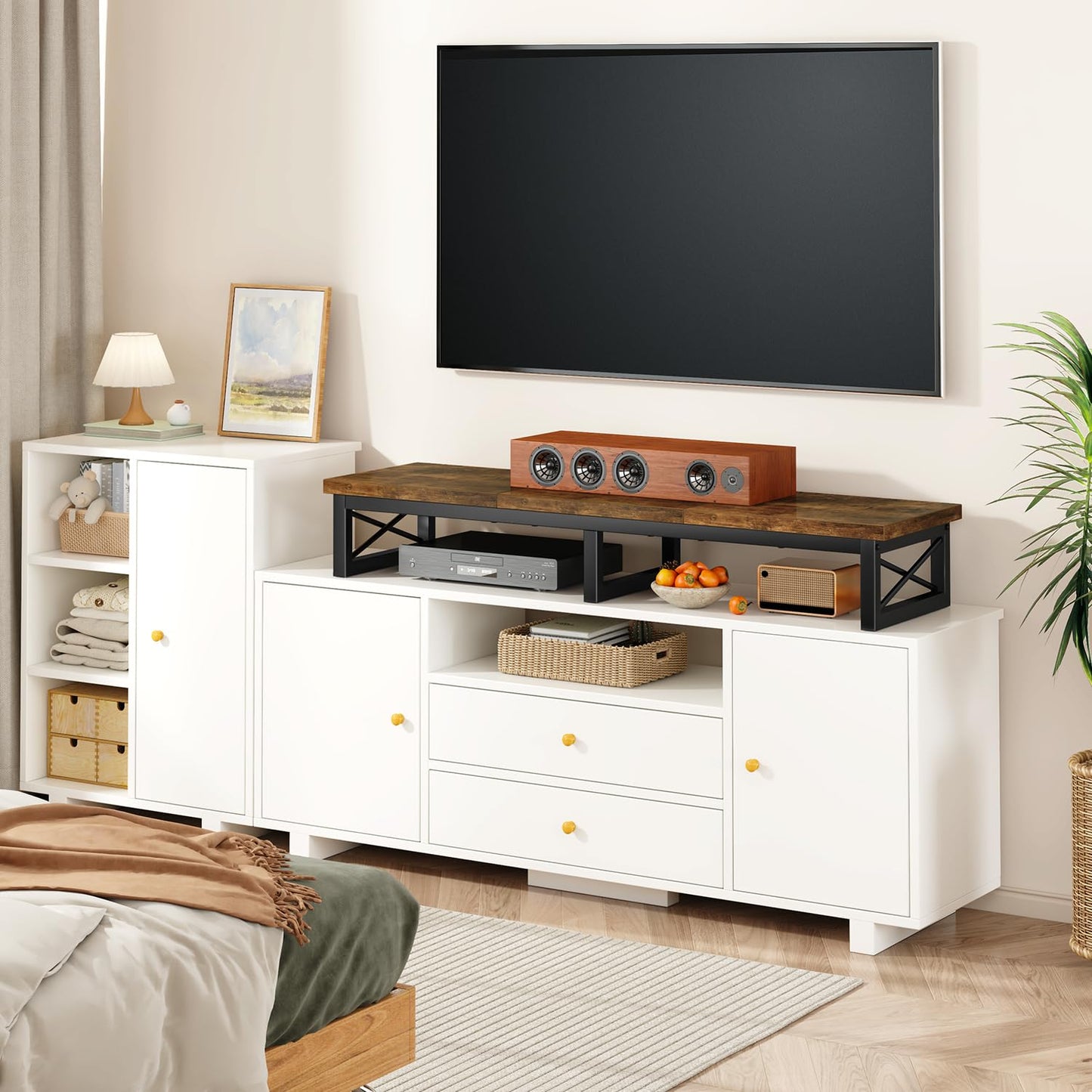 IBUYKE 45" Large TV Riser for 32-60 inch TV,Tabletop Short TV Stand with Storage and Steel Legs,Dual Screen Office Desk,Stand Riser,TV Riser Stand for Home,Bedroom,Living Room,Rustic Brown TVT002H
