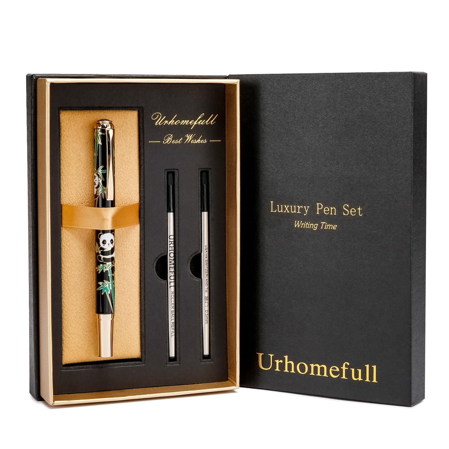 Urhomefull 24K Gold Luxury Rollerball Pens for Men Women, Smooth Writing Premium Office Pens for Business, Panda Design Executive Gift for Boss Birthday Anniversary (Black)