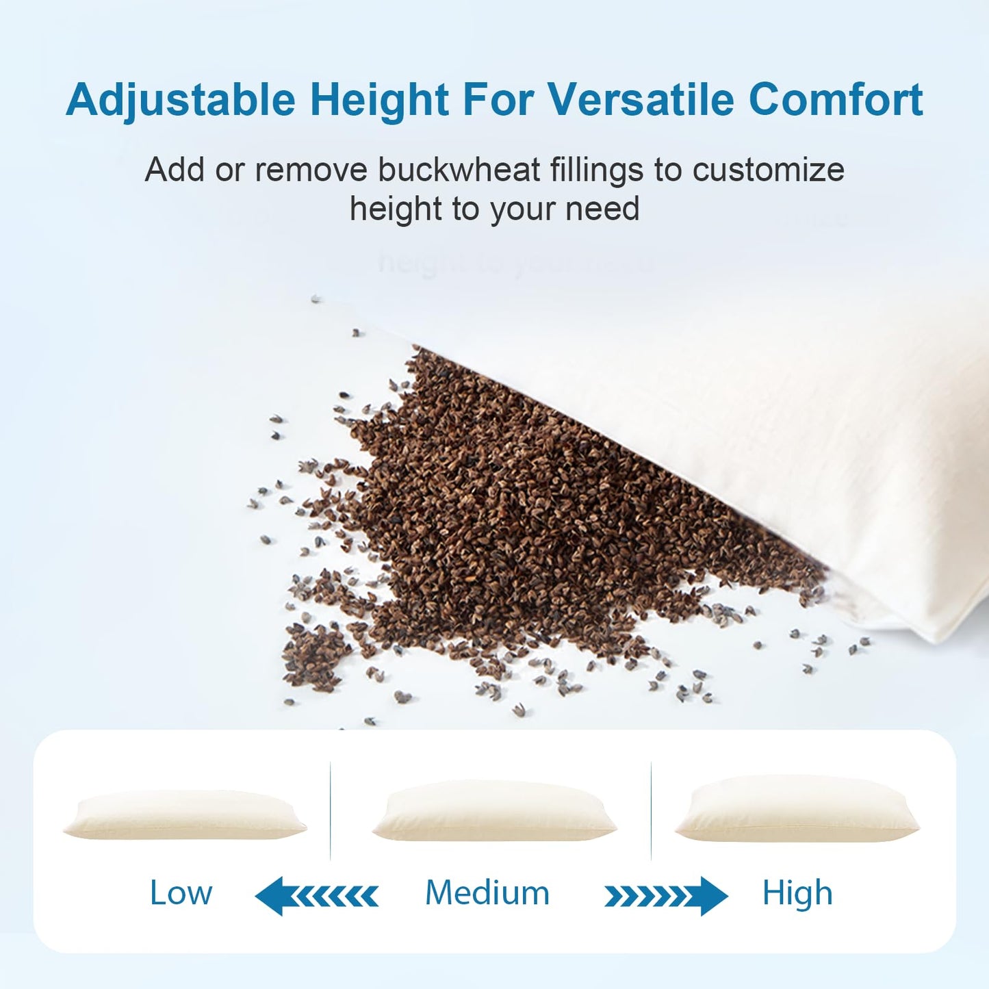 MIOTO Organic Buckwheat Pillow for Sleeping with Dual-Layer Pillowcase and Extra Tartary Buckwheat Hulls, Adjust Height and Firmness, Neck Support Pillow for Back and Side Sleepers 20"x26"