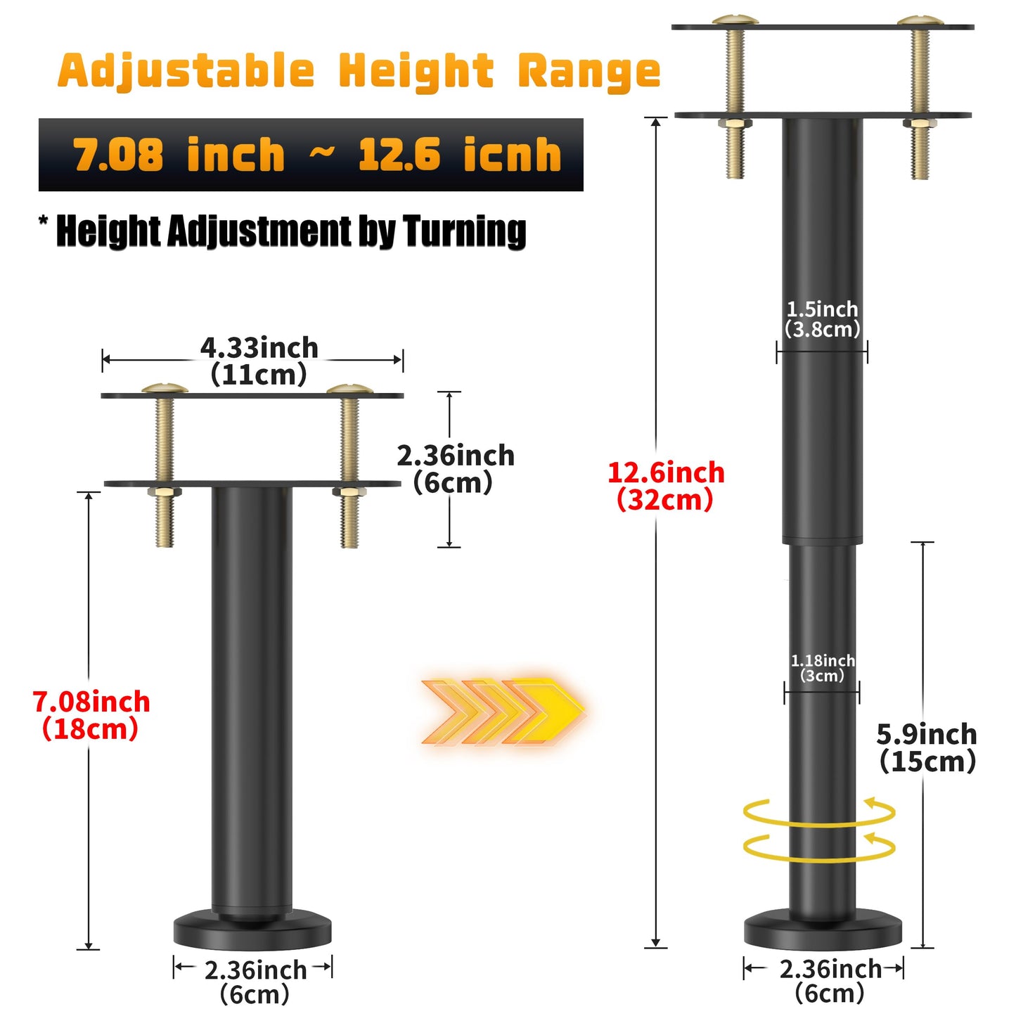 Wlrrcwdttc 6 Pcs Adjustable Height Bed Support Legs 7.08-12.6 inch, Bed Frame Center Support Legs for Bed Frame/Bed Center Slat/Furniture, Heavy Duty Metal Bed Replacement Legs Bed Slats Support Legs