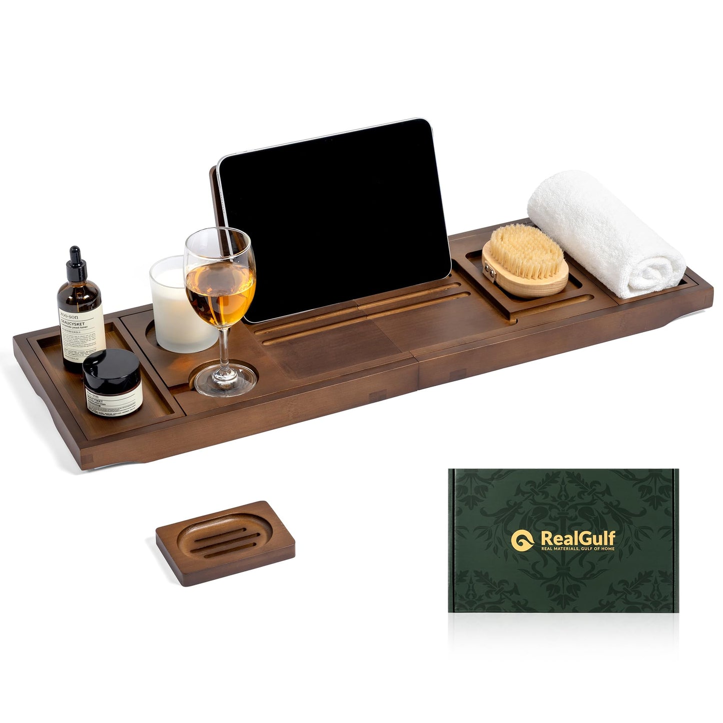 Realgulf Bamboo Bathtub Tray, Bath Caddy with Wine Glass Holder, Phone Dock & Book Stand | Hands-Free Reading & Ultimate Spa Relaxation Experience-Brown
