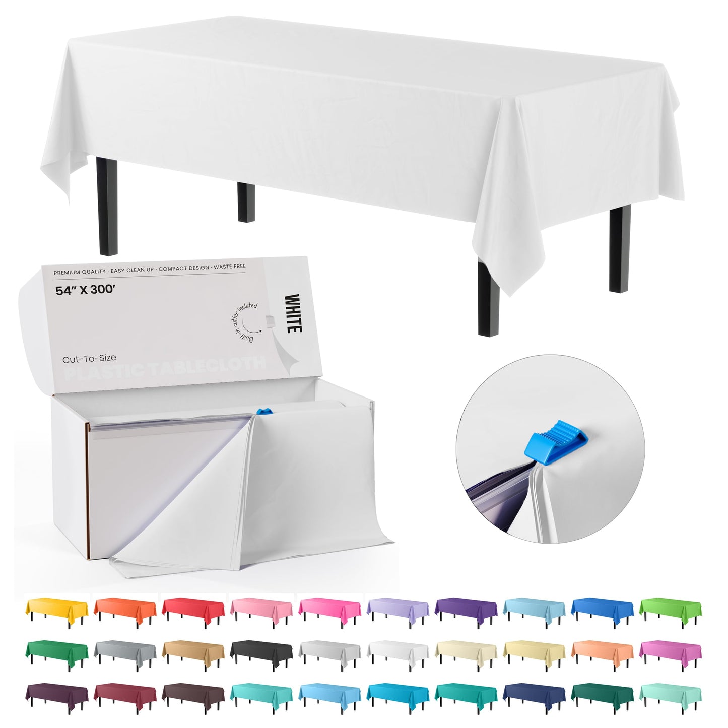 Party Solids 54 Inch X 300 Feet White Plastic Table Cover Roll in A Cut - to - Size Box with Convenient Slide Cutter. Cuts Up to 36 Rectangle 8 Feet Plastic Disposable Tablecloths