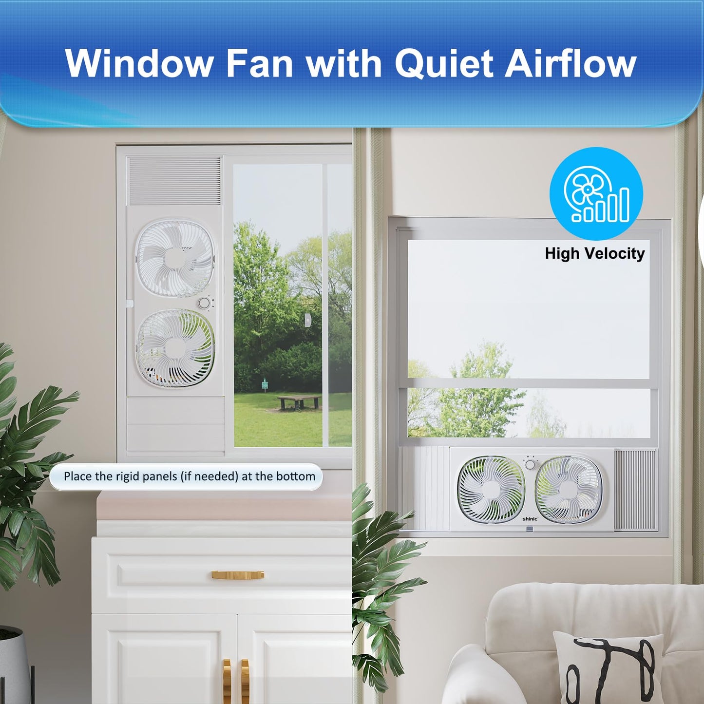 shinic 3-Speeds Window Fan with 180°+90° Rotatable Fans, Manual Reversible, Vertical Window Fan with Rigid & Accordion Expanders, Width Adjustable (21.65" to 33.27"), Ideal for Home, Kitchen, Bedroom