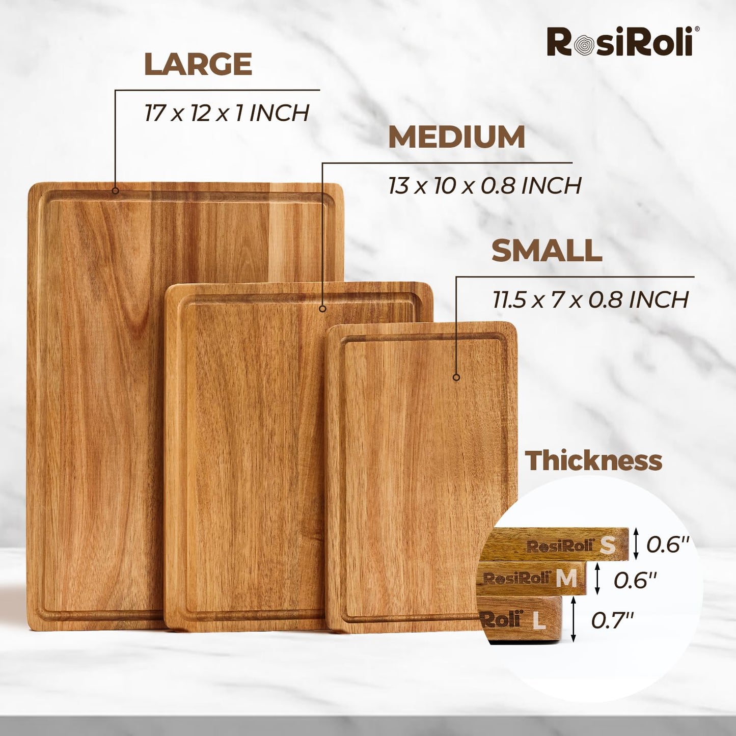 RosiRoli Acacia Wood Cutting Board for Kitchen, Set of 3 - Durable Thick Chopping Boards with Juice Grooves & Handles for Prep & Serving, Impressive Gift for Housewarming, Kitchen Gifts for Mom