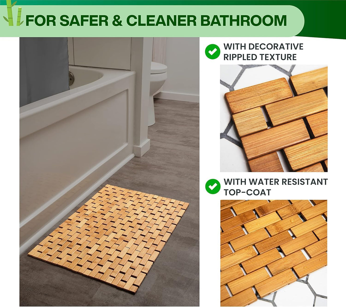 Bamboo Bath Mat - Foldable, 34x18-Inch Wood Bathmat for Bathroom Sauna Spa Door Kitchen Floor and Countertops - Modern Farmhouse Decor Accessory