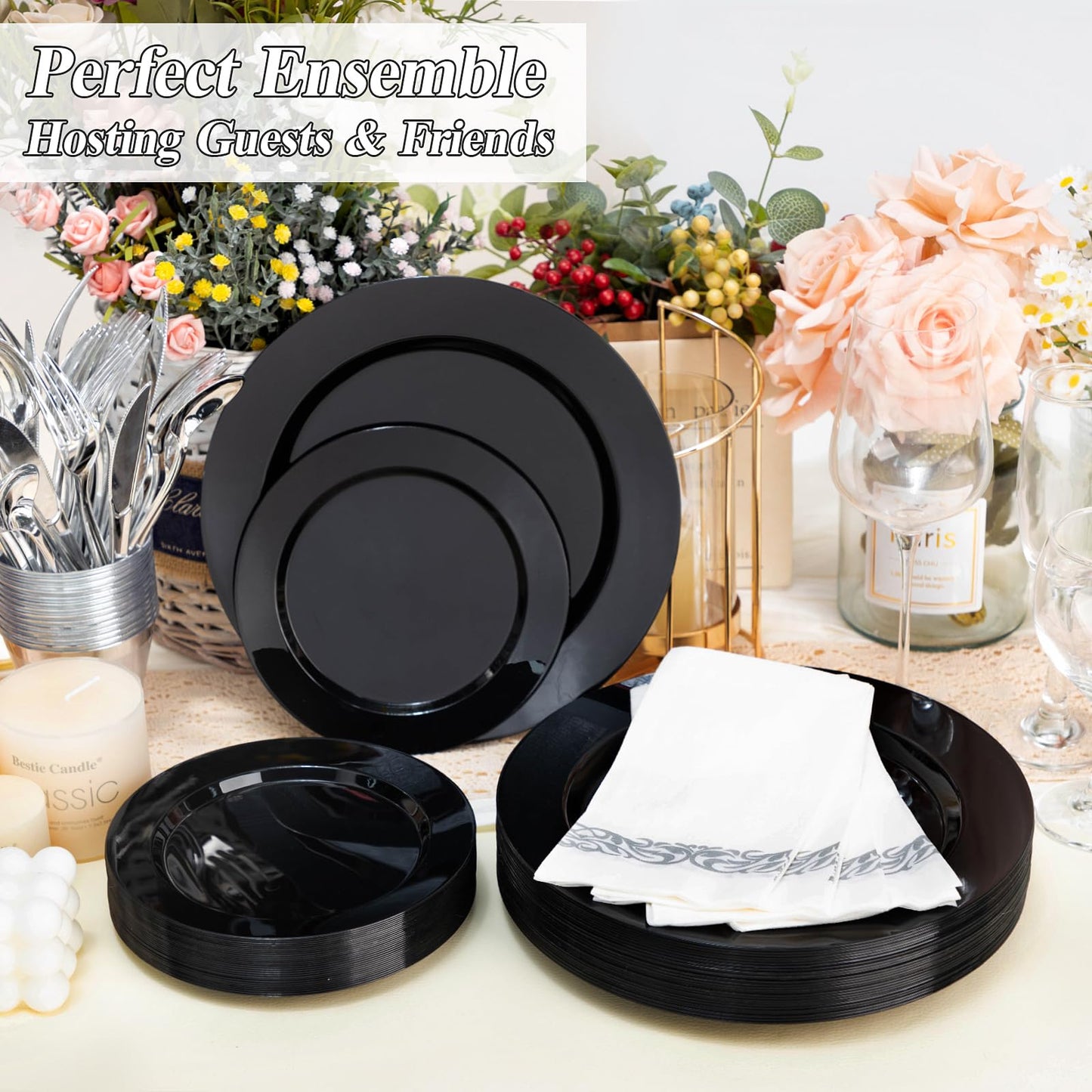 BESTSTAR 200PCS Black Plastic Plates Set, 100 10.25 inch Dinner Plates and 100 7.5 inch Dessert Plates, Premium Disposable Plates for Party, Graduation Party Supplies 2026