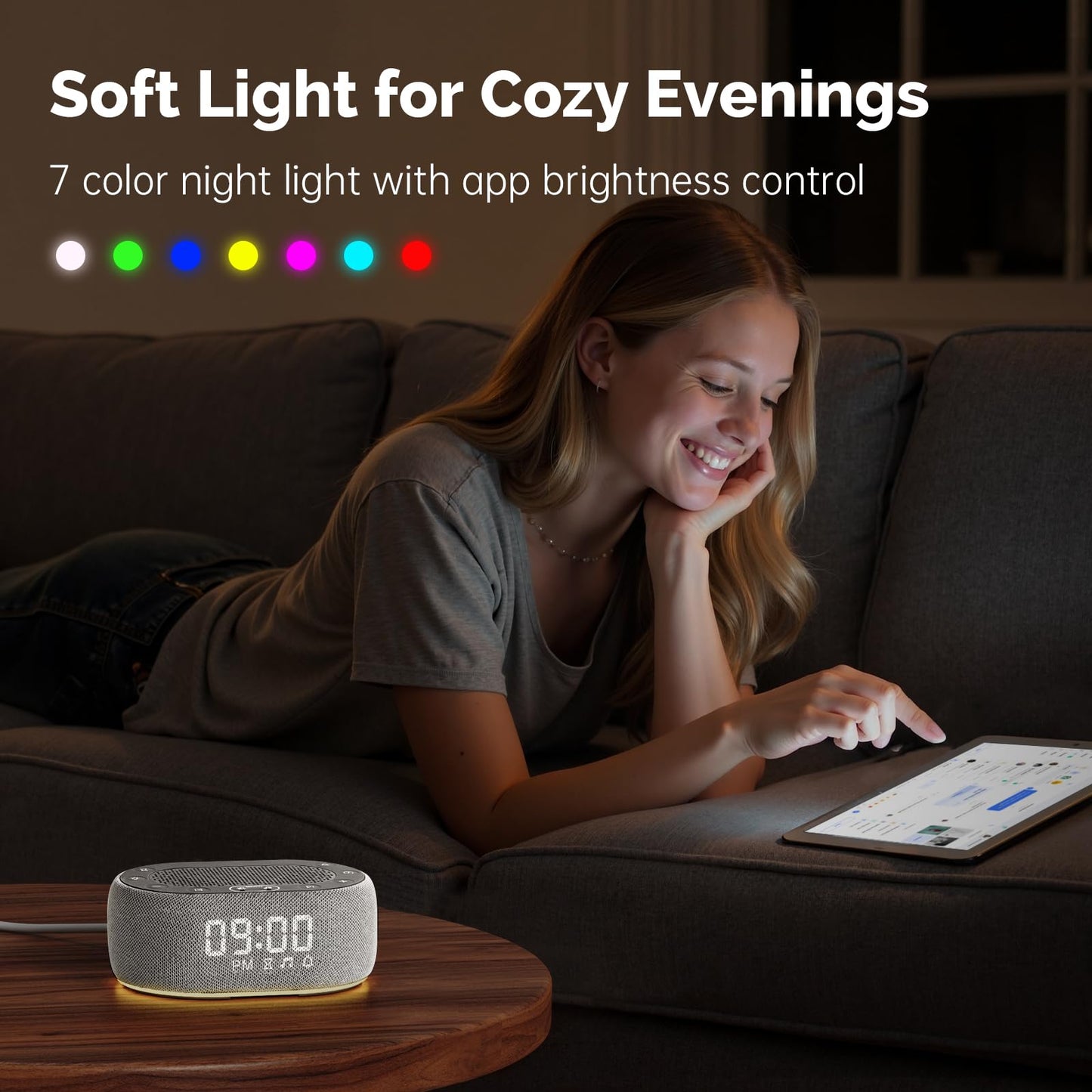 1Mii White Noise Machine with Alarm Clock, Sound Machine for Sleep for Adult Baby, Smart App Controlled，30 Soothing Sounds, Sleeping Timer, Dimmable 7-Color Night Light, 30 Volume Levels - Grey