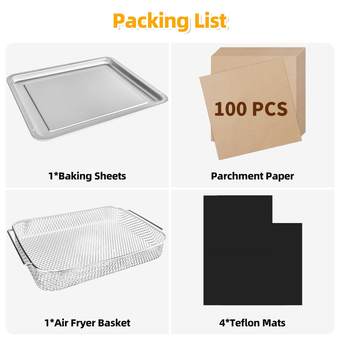 Air Fryer Accessories for Emeril Lagasse 26 Qt Extra Large & Everyday 360, Emeril Lagasse Air Fryer Basket and Pans for Oven with 100Pcs Disposable Parchment Paper, 4Pcs Reusable Teflon Mat