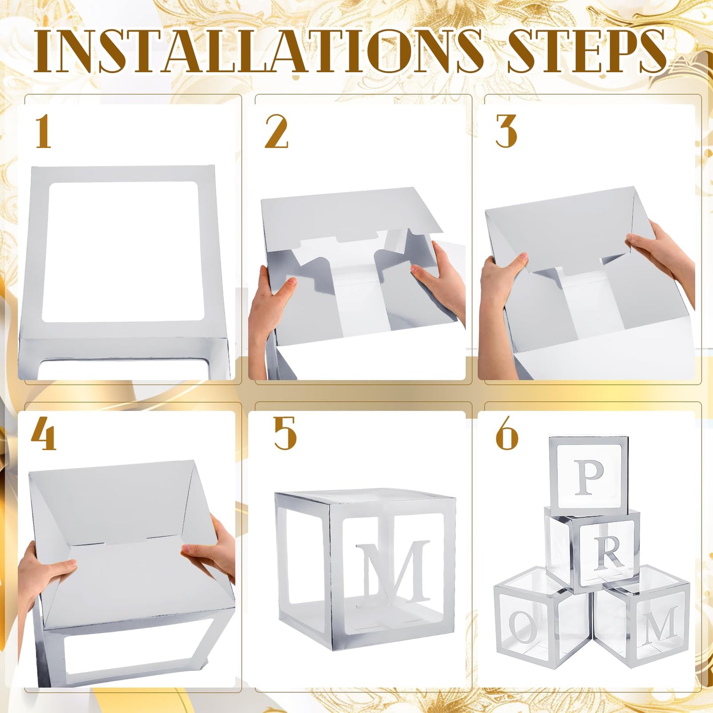 Trandraft 4 Pcs Prom Boxes with Letters 11.8 x 11.8 x 11.8 Inch Clear Balloon Boxes Transparent High School College Graduation Party Favors Supplies(Prom,Silver)