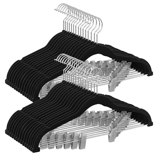 SONGMICS 30 Pack Pants Hangers, 16.7 Inches Long Velvet Trousers Hangers with Adjustable Clips, Heavy-Duty, Non-Slip, Space-Saving for Pants, Skirts, Coats, Dresses, Tank Tops, Black UCRF12B30
