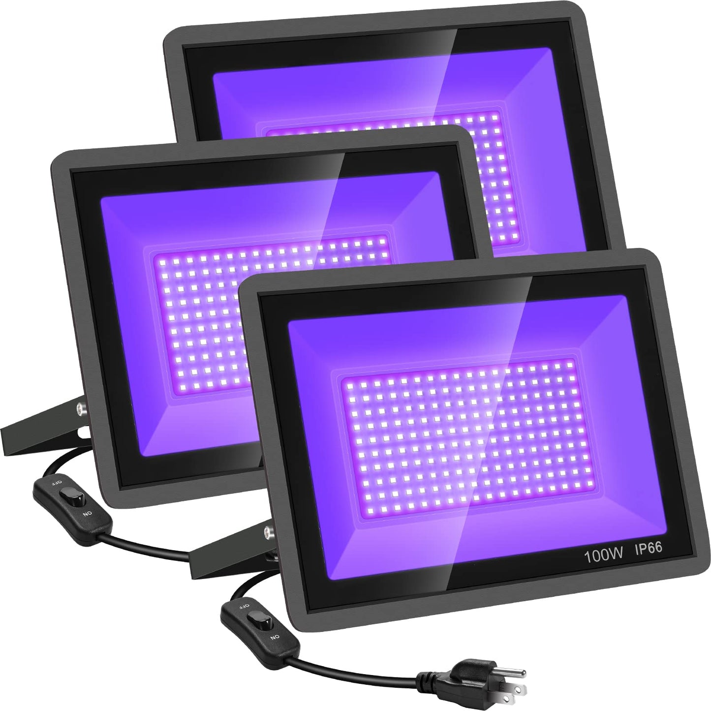 YANYCN 3 Pack 100W LED Black Lights, Blacklight Flood Light with Plug and Switch, 120V IP66 Waterproof Blacklight for Halloween Party, Glow in The Dark, Stage Light, Body Paint, Neon Glow