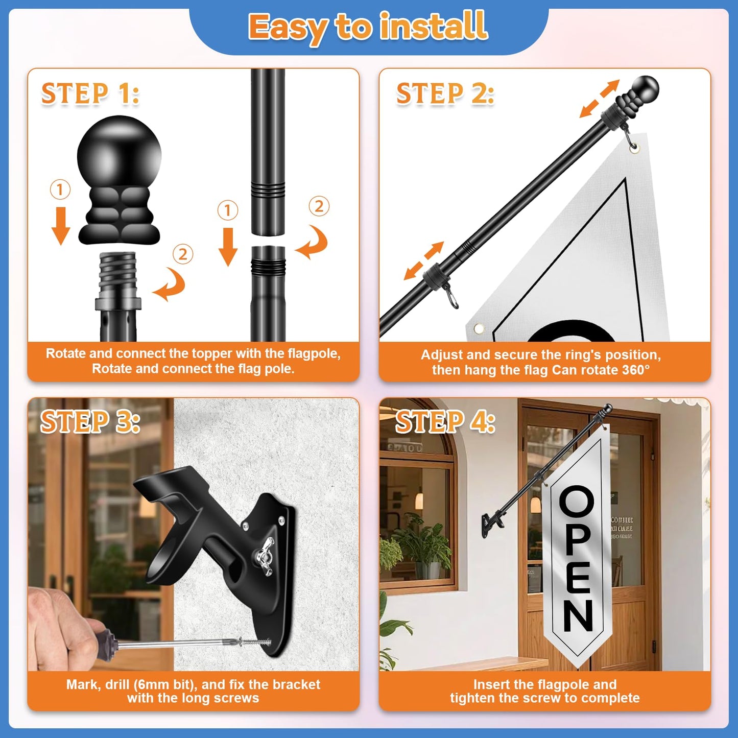 Outdoor Open Sign with Pole-Mounting Kit, Double-Sided Heavy Duty Open Banner for Business, Three-ply Advertising Open Flag with Bracket for Retail Storefront & Shops (White, 41x12 Inch)