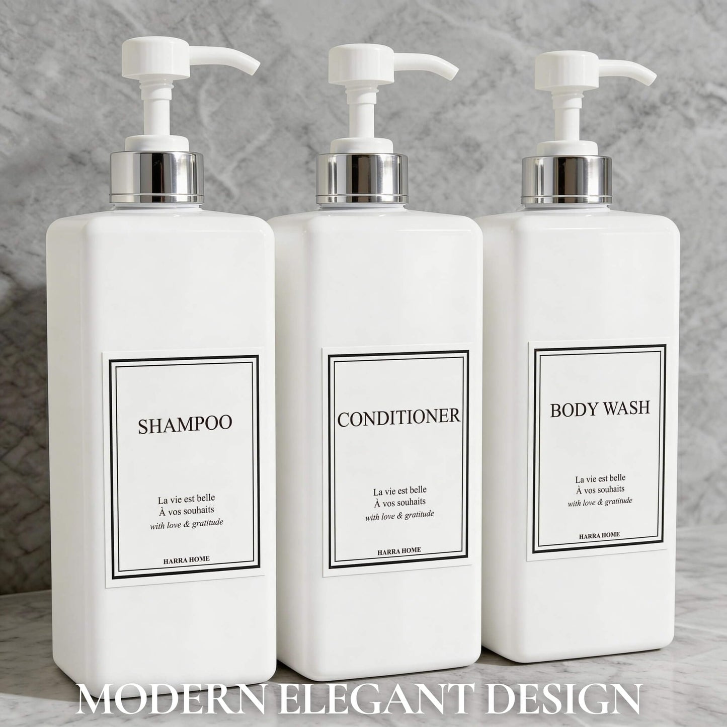 Shampoo and Conditioner Dispenser - Modern Design Large 27oz Shower Soap Dispenser Set of 3, Refillable Empty Plastic Pump Bottles for Bathroom, 6 Waterproof Labels Included, White & Silver